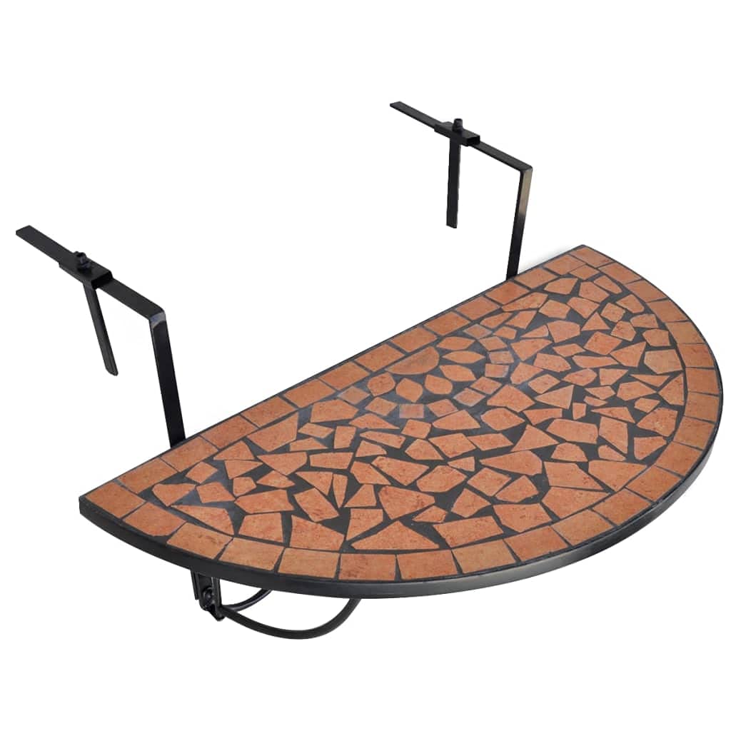 Outdoor Hanging Balcony Table - Folding Semi-Circular Garden Table with Adjustable Railing Mount, Space-Saving Design for Small Balconies & Patios (Terracotta/Black, 30