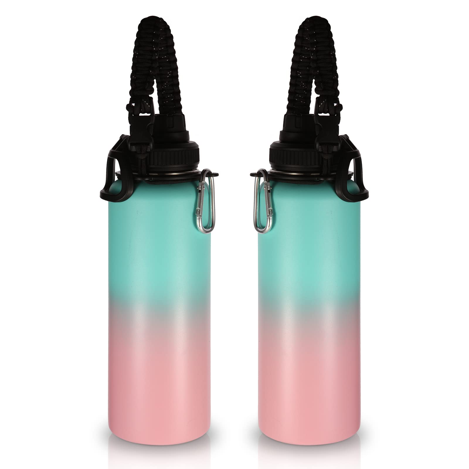Volhoply 40 oz Insulated Stainless Steel Water Bottles 2 Pack - Double Walled Vacuum Travel Mug with Paracord Handle & Spout Lid - Wide Mouth Sports Bottle for Hiking, Camping & Outdoor Activities (Green & Pink, 2 Set)