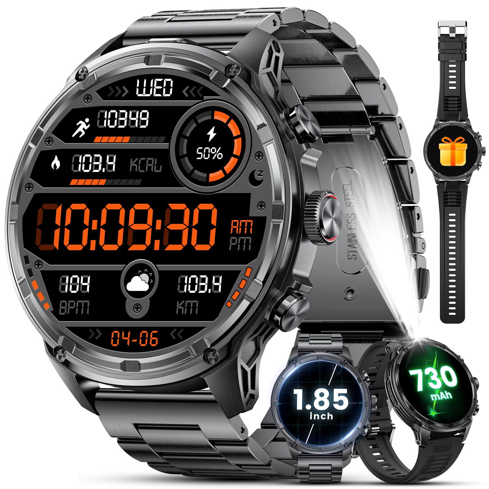 LIGE Military Smart Watch for Men - 80-Day Battery Life (710mAh), Flashlight, 50M Waterproof, 1.85