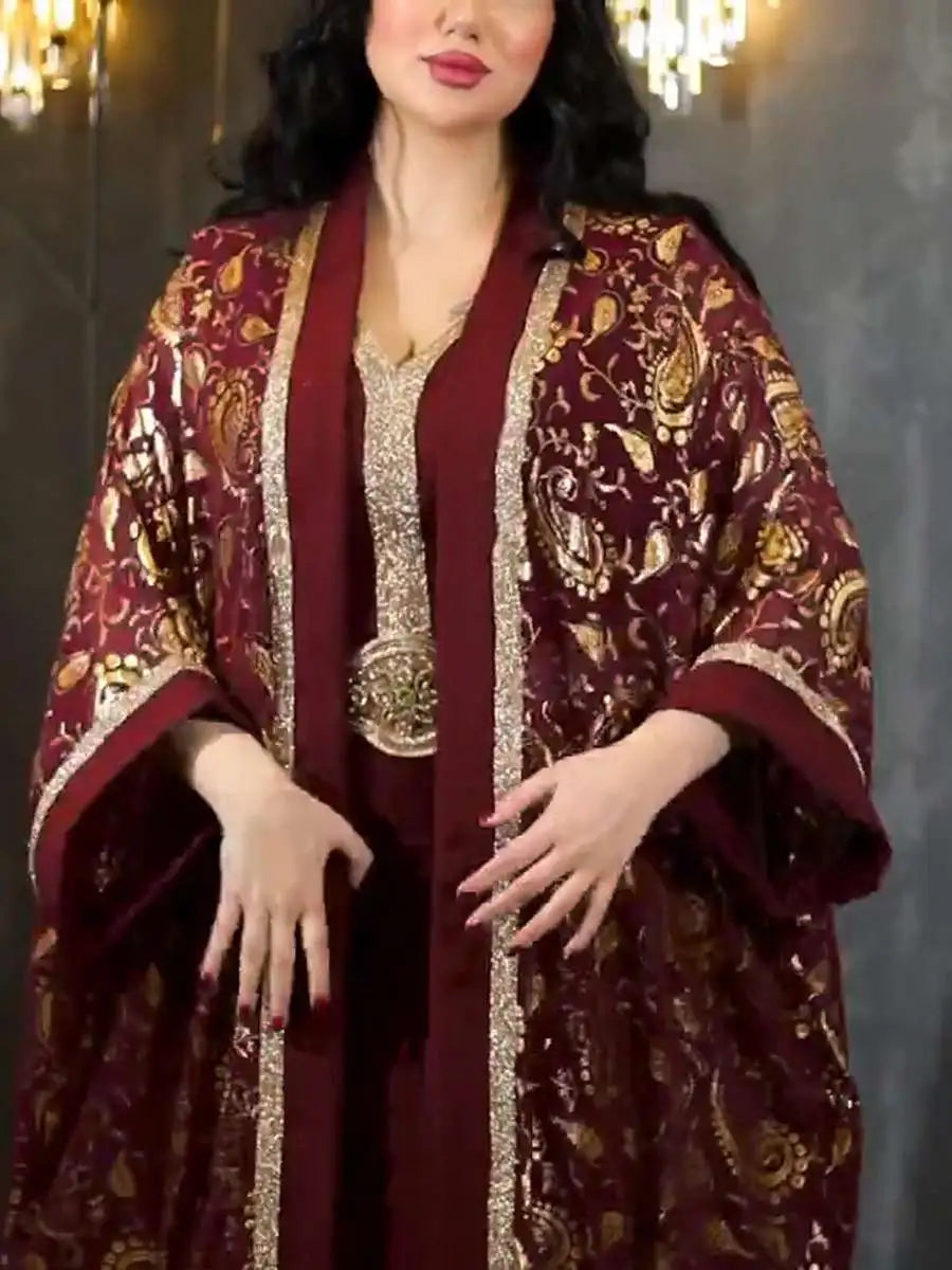 Elegant 2-Piece Muslim Women's Eid Caftan Dress Set with Inner Sleeveless Dress - Perfect for Eid Celebrations, Weddings & Special Occasions