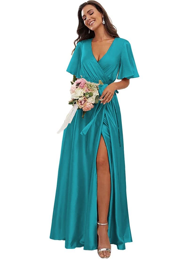 COEYOUES Women's Short Sleeve Bridesmaid Dress with High Slit - A-Line V-Neck Satin Wedding Guest Dress for Formal Events, Parties & Special Occasions
