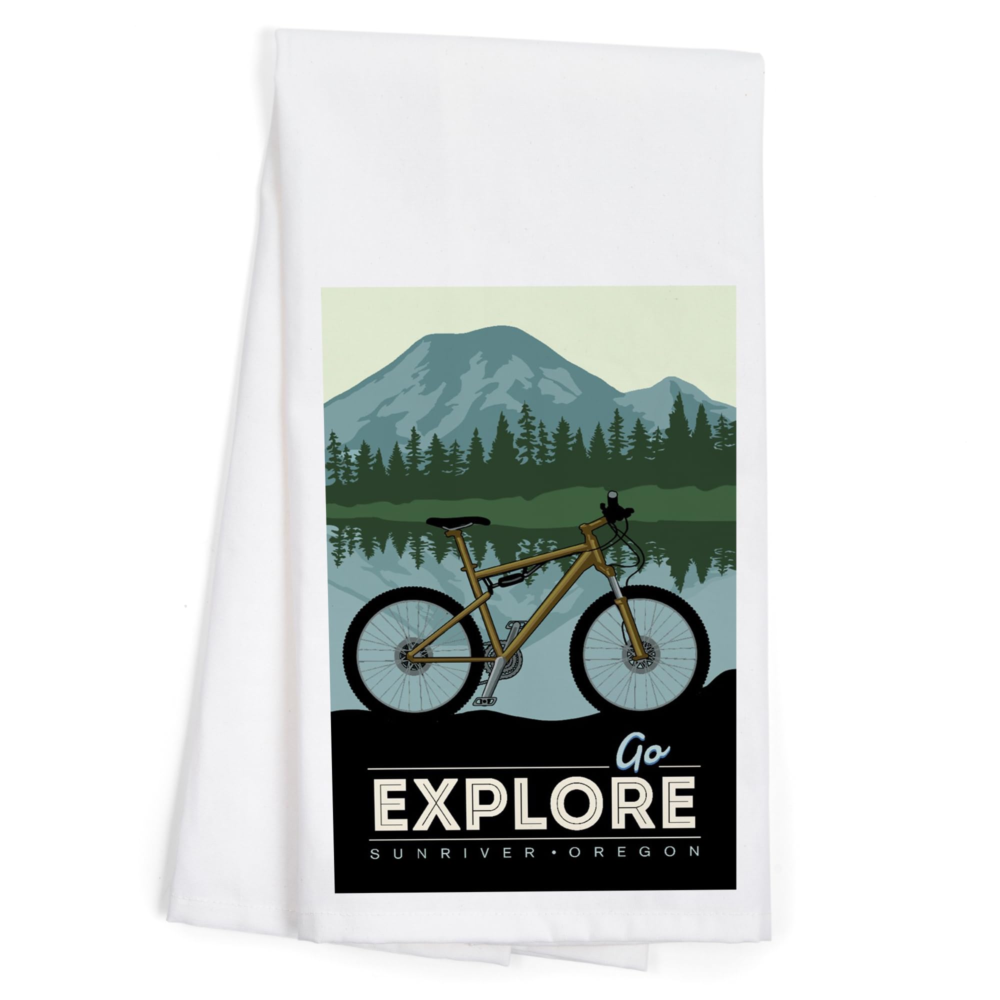 Lantern Press Sunriver Oregon Go Explore Bike 100% Cotton Tea Towel - Decorative Hand Towel for Kitchen & Home Decor - Perfect for Camping, Picnics & Outdoor Adventures