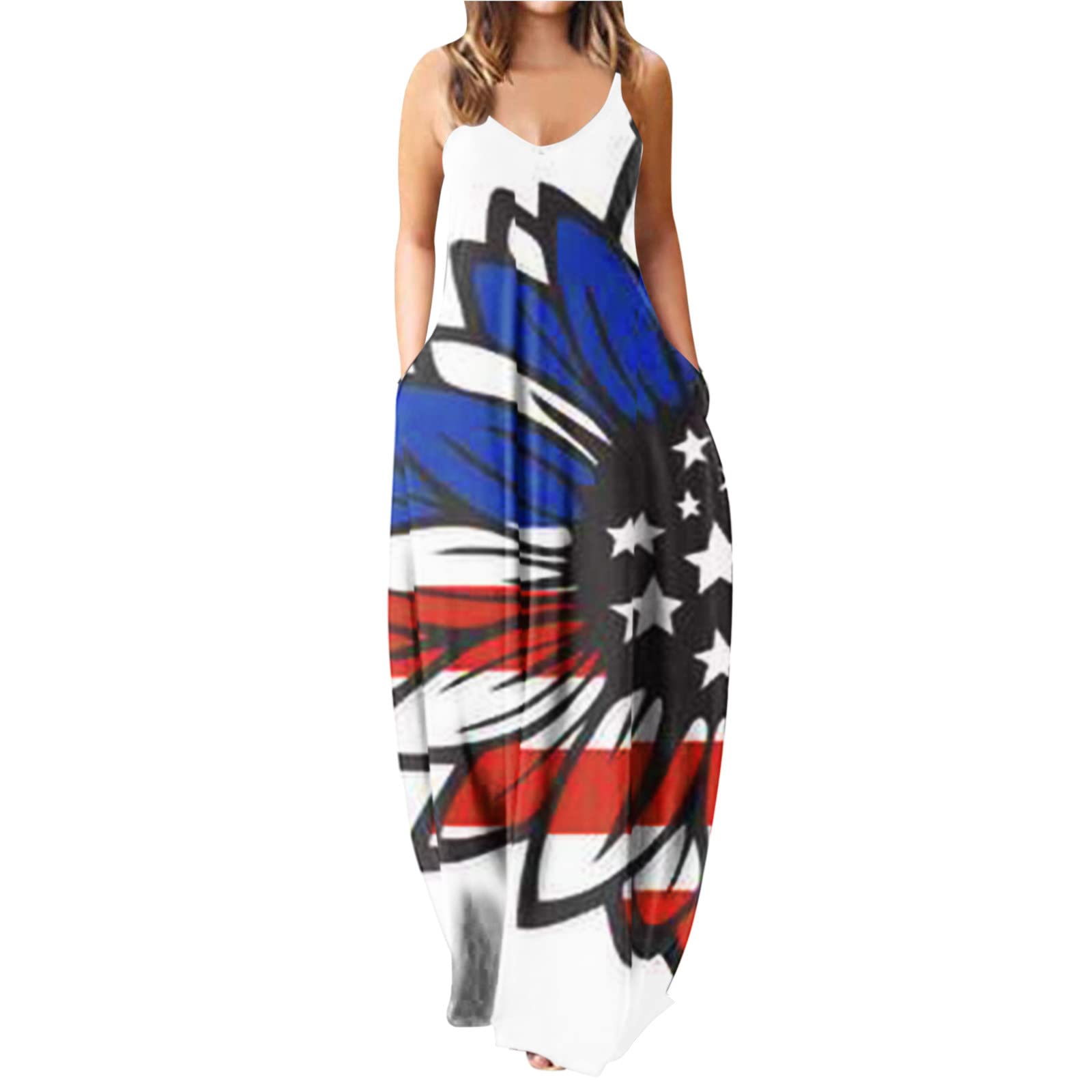 Women's Summer Casual Loose Sleeveless Maxi Dress with Patriotic Print - Perfect for 4th of July, Beach Vacations & Summer Outings
