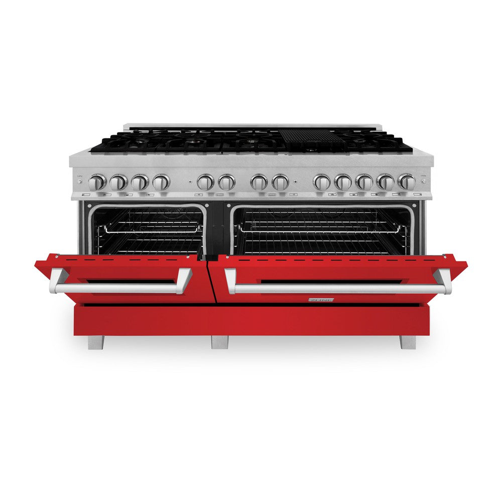ZLINE 60-Inch 7.4 cu. ft. Dual Fuel Range with 9-Burner Gas Cooktop & 2 Electric Convection Ovens - Satin Stainless Steel with Red Matte Doors (RAS-RM-60) - Perfect for Professional Kitchens & Modern Home Chefs