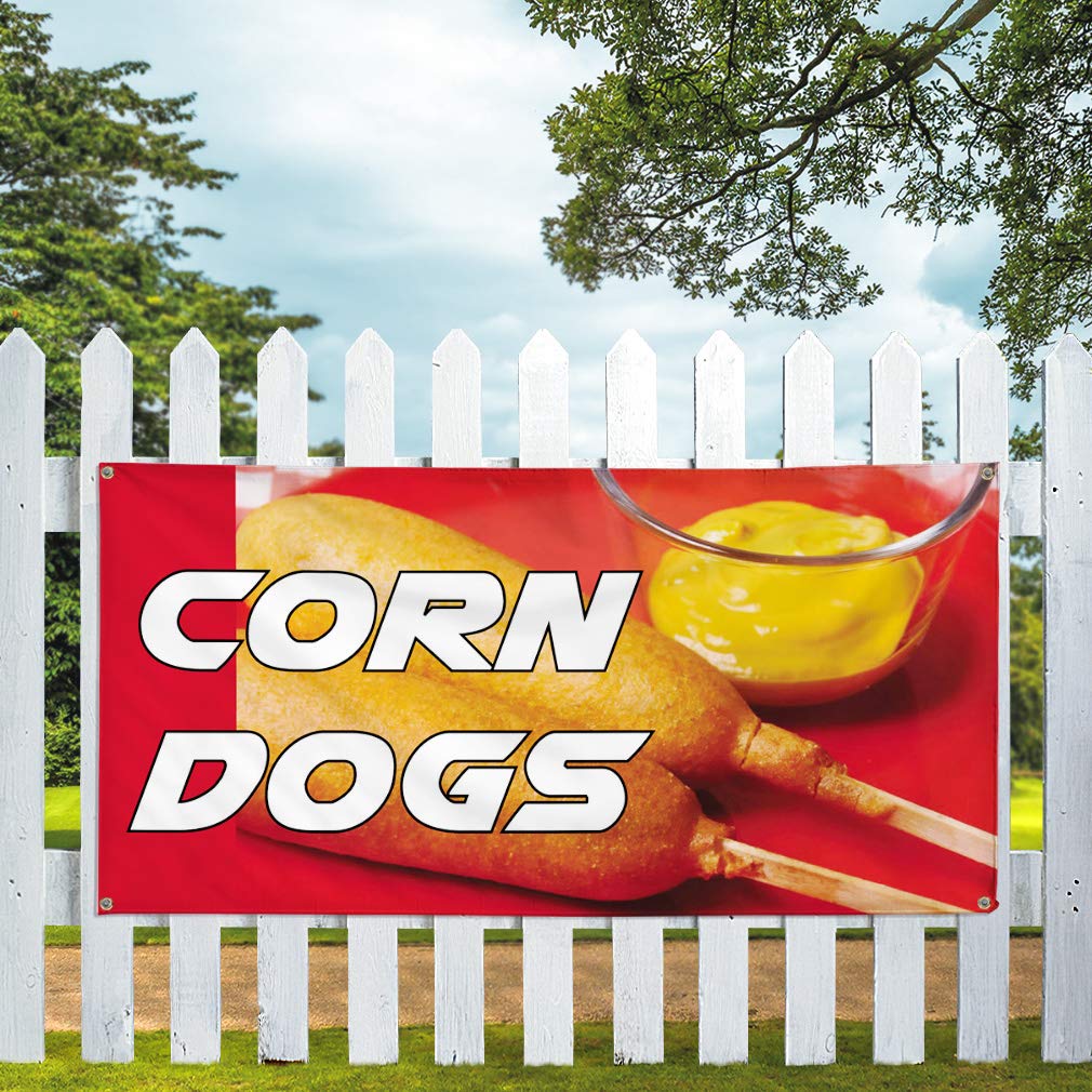 Custom Vinyl Banner 48x96 Inches - Weatherproof Outdoor Advertising Sign for Restaurants & Food Trucks - Corn Dogs Promotion - 8 Grommets for Easy Hanging - Perfect for Yard Signs, Events & Industrial Use