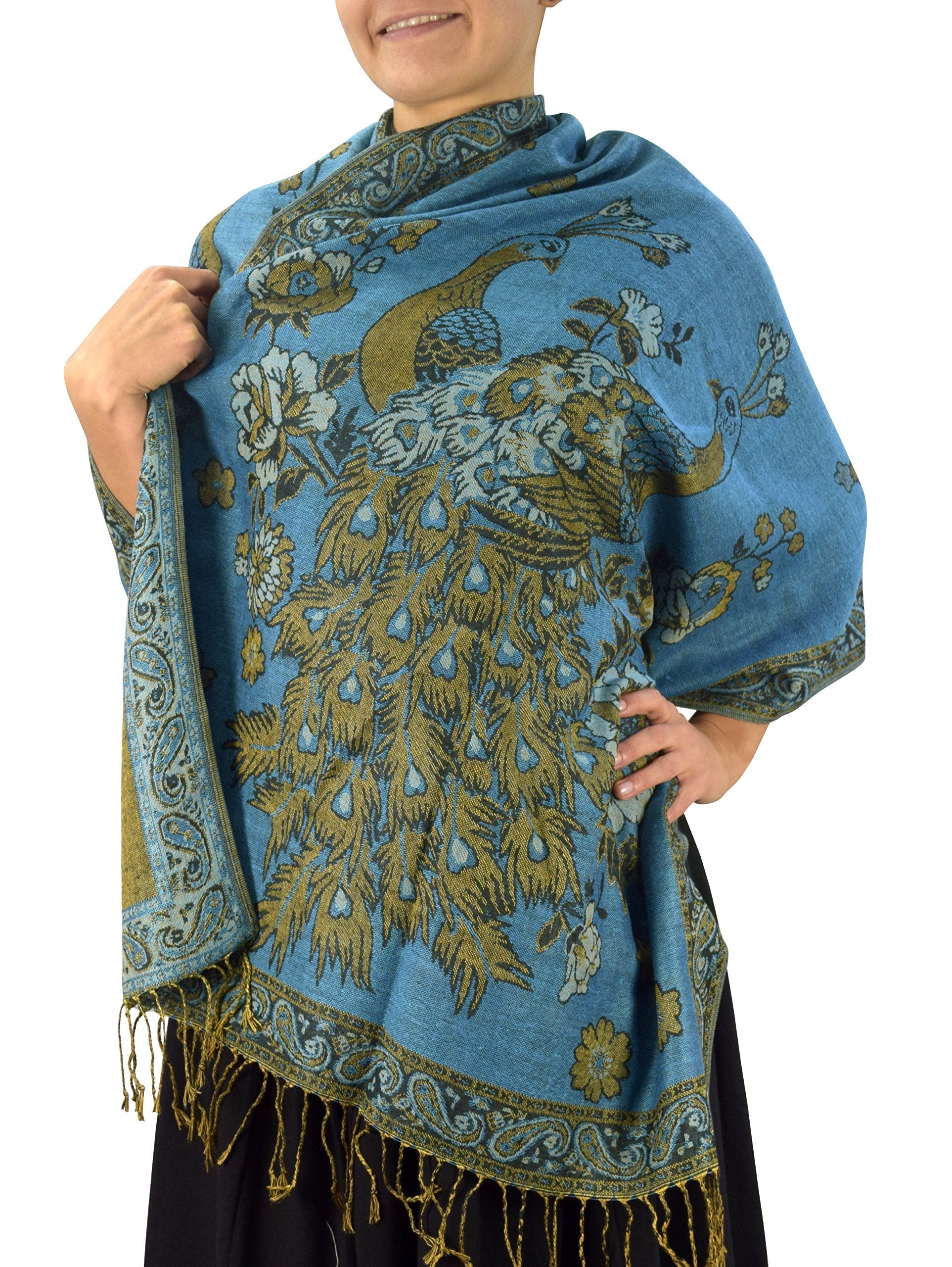 Turquoise Floral Peacock Reversible Shimmer Pashmina Wrap Shawl Scarf - Elegant Women's Fashion Accessory for Parties, Weddings & Evening Events