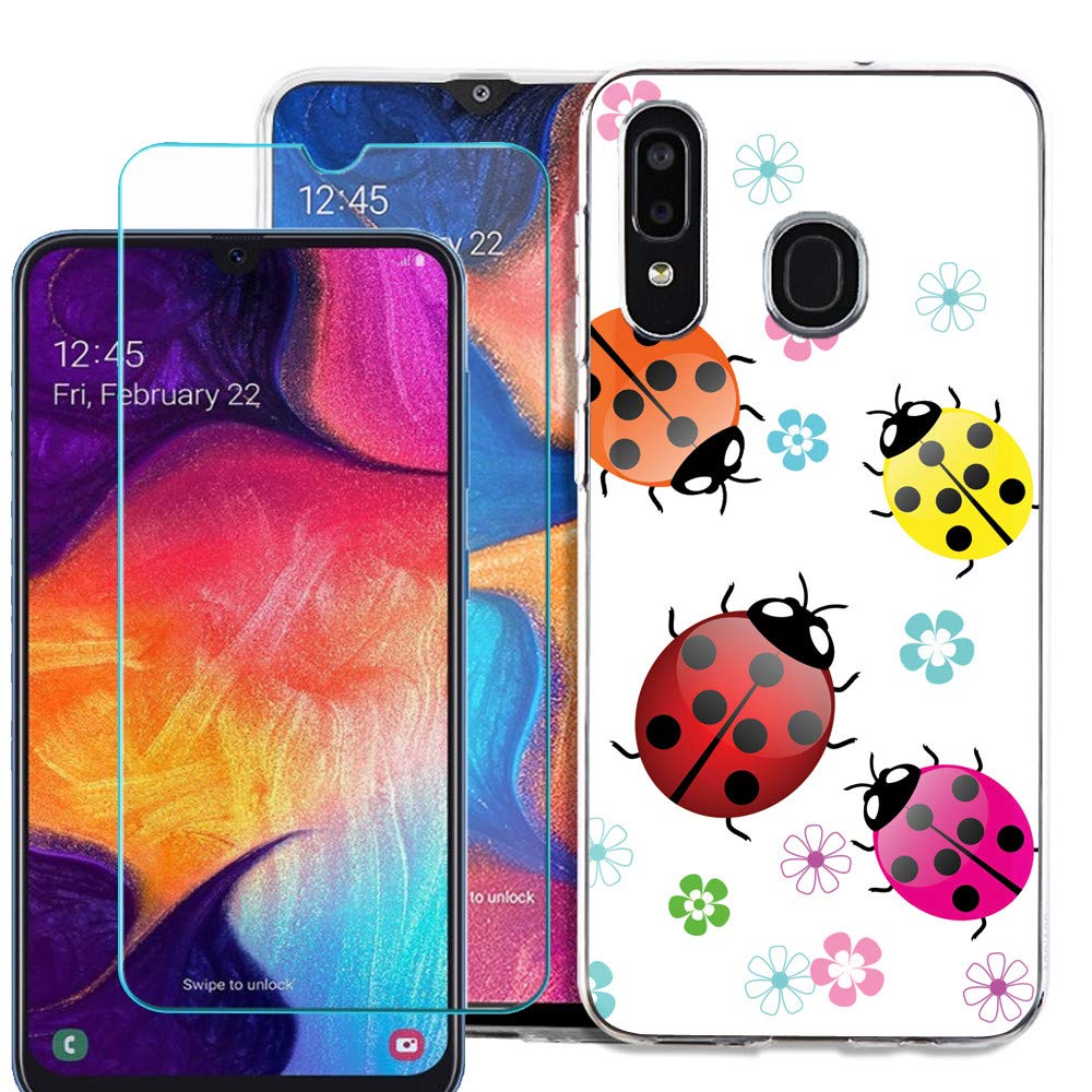 Durable Slim-Fit TPU Case with Tempered Glass Screen Protector for Samsung Galaxy A20 - Shockproof Protective Cover by One Tough Shield - Ladybug Design - Perfect for Everyday Use, Work & Travel