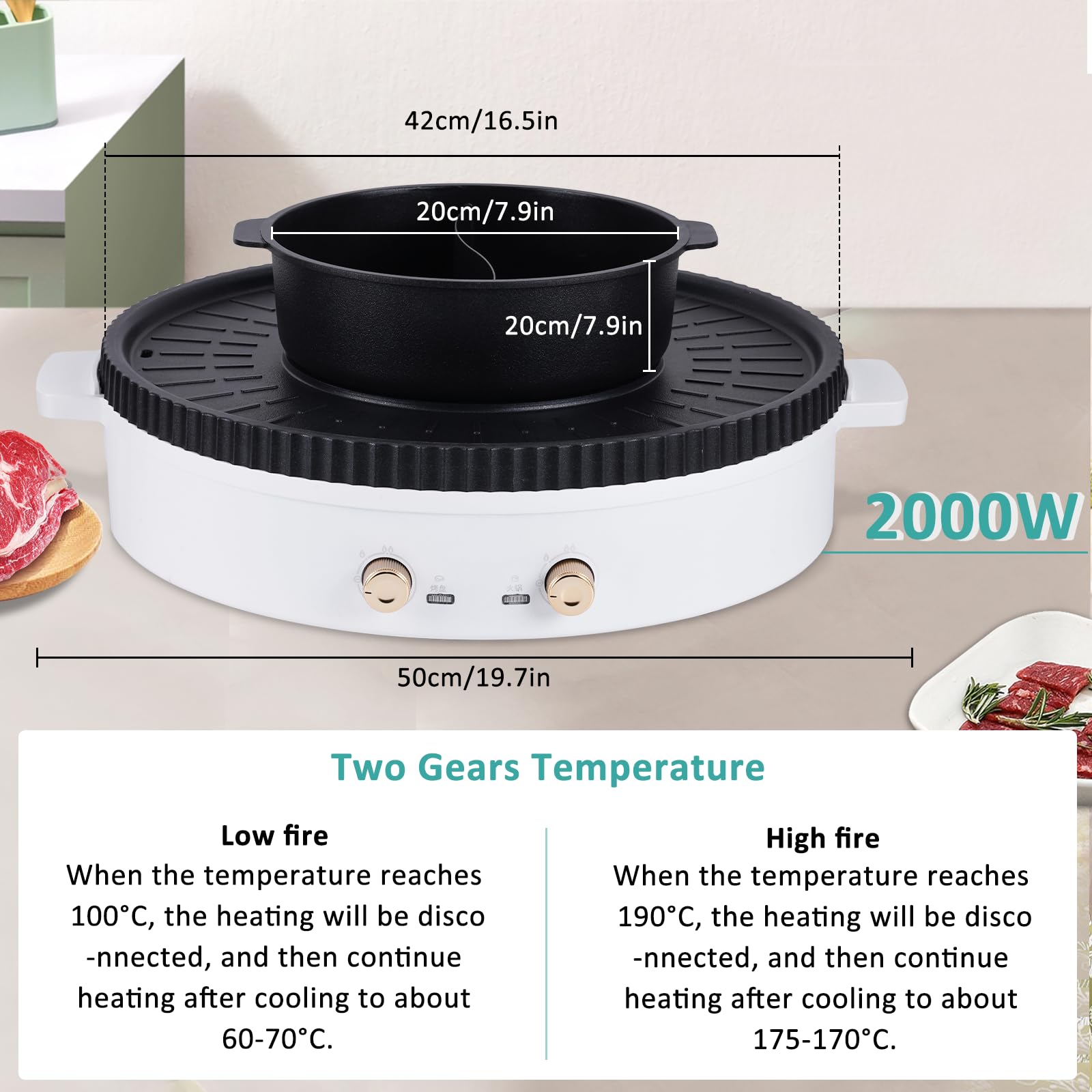 BAOSHISHAN 2-in-1 Electric Hot Pot and Grill - 50cm Indoor BBQ Grill with Removable Divider, Dual Temperature Control for 5-7 People (2000W) - Perfect for Family Gatherings, Parties & Indoor Cooking