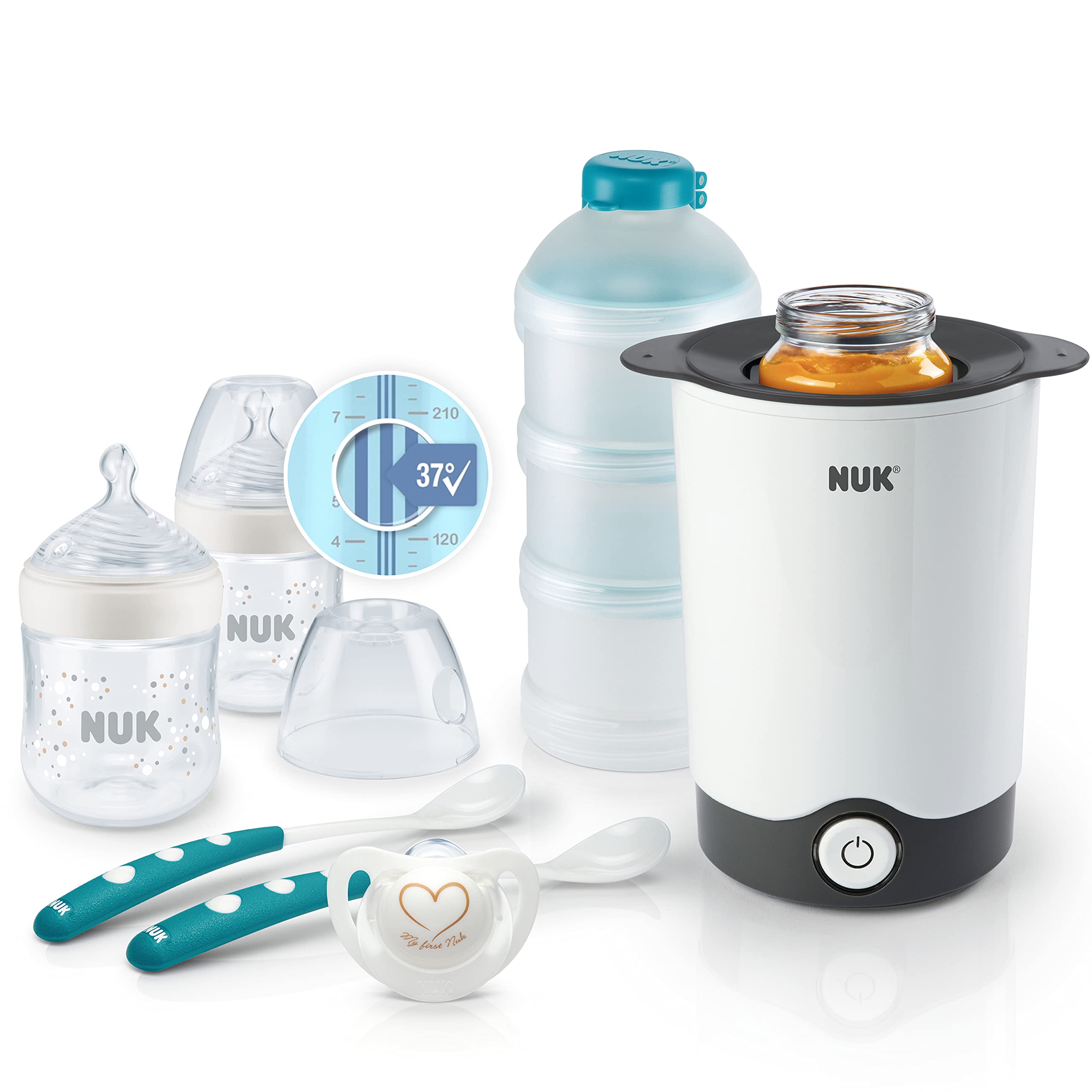 NUK Nature Sense Perfect Starter Baby Bottle Set - 2 (150ml, 0-6 Months) Anti-Colic Bottles with Temperature Display, Pacifier, Bottle Warmer, 2 Feeding Spoons & Formula Dispenser - 7 Piece Newborn Feeding Kit for Easy Daycare & Travel Feeding