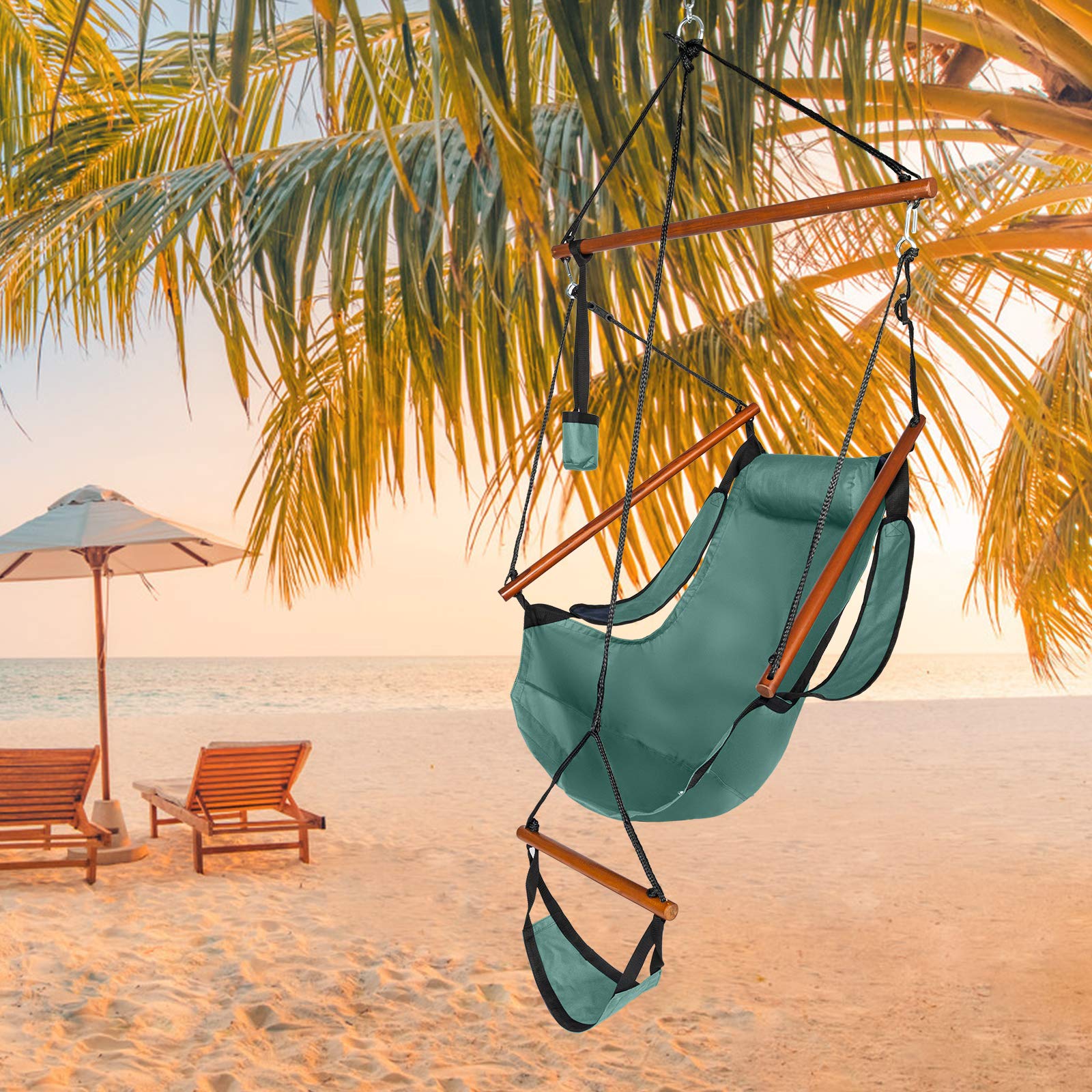 GT4-LY Oxford Fabric Hanging Chair with Cup Holder & Wooden Stick - 100kg Capacity, Perforated Design for Seaside, Courtyard, Garden & Outdoor Relaxation - Green