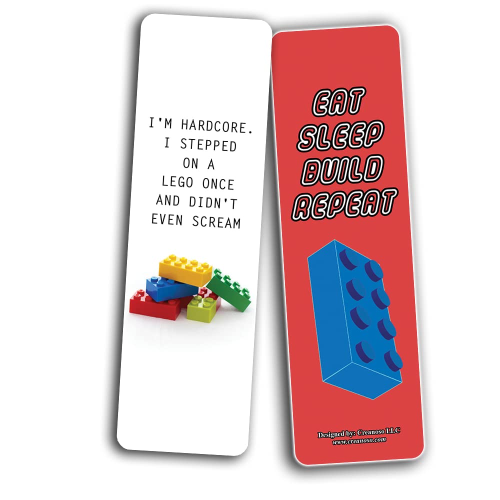 Creanoso Funny Lego Bookmarks (10 Sets x 6 Cards) - Inspirational Bookmark Cards for Kids & Teens - Creative Book Page Clippers - Perfect Gift for Lego Lovers & Bookworms - Great for Reading, School & Birthday Gifts