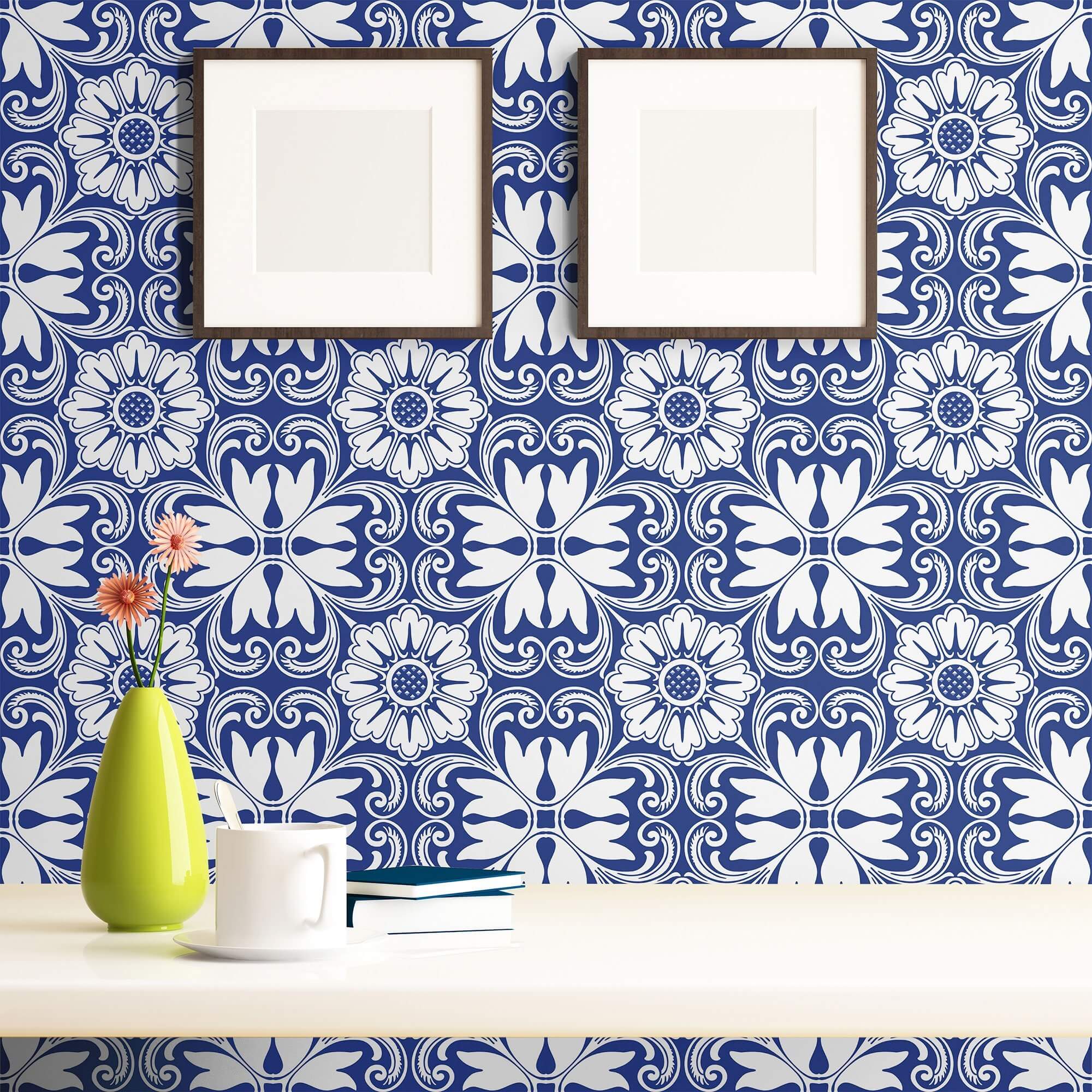 Blue Floral Tile Adhesive Peel and Stick Removable Wallpaper 5717 - Self-Adhesive Wall Decor for Kitchen Backsplash, Bathroom, Nursery & Home Renovation