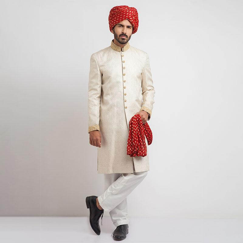 Luxury Ivory Pure Jamavar Silk Sherwani for Men - Handcrafted Indian Wedding Attire | Perfect for Groom Outfit, Sangeet Ceremony & Cultural Festivals