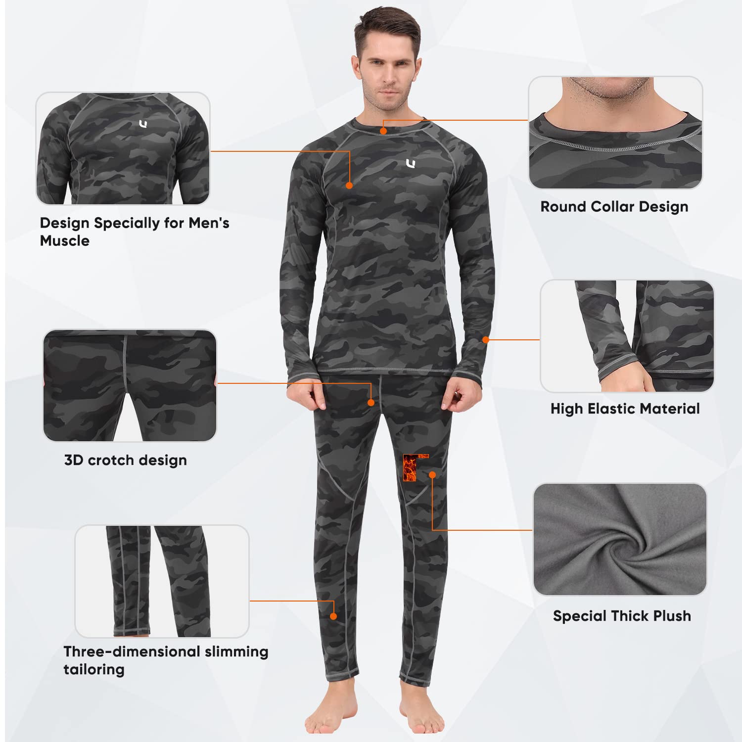 UNIQUEBELLA Men's Thermal Underwear Set - Fleece Lined Top & Bottom Base Layer for Winter, Quick Dry Thermal Underwear for Cold Weather, Outdoor Activities & Work