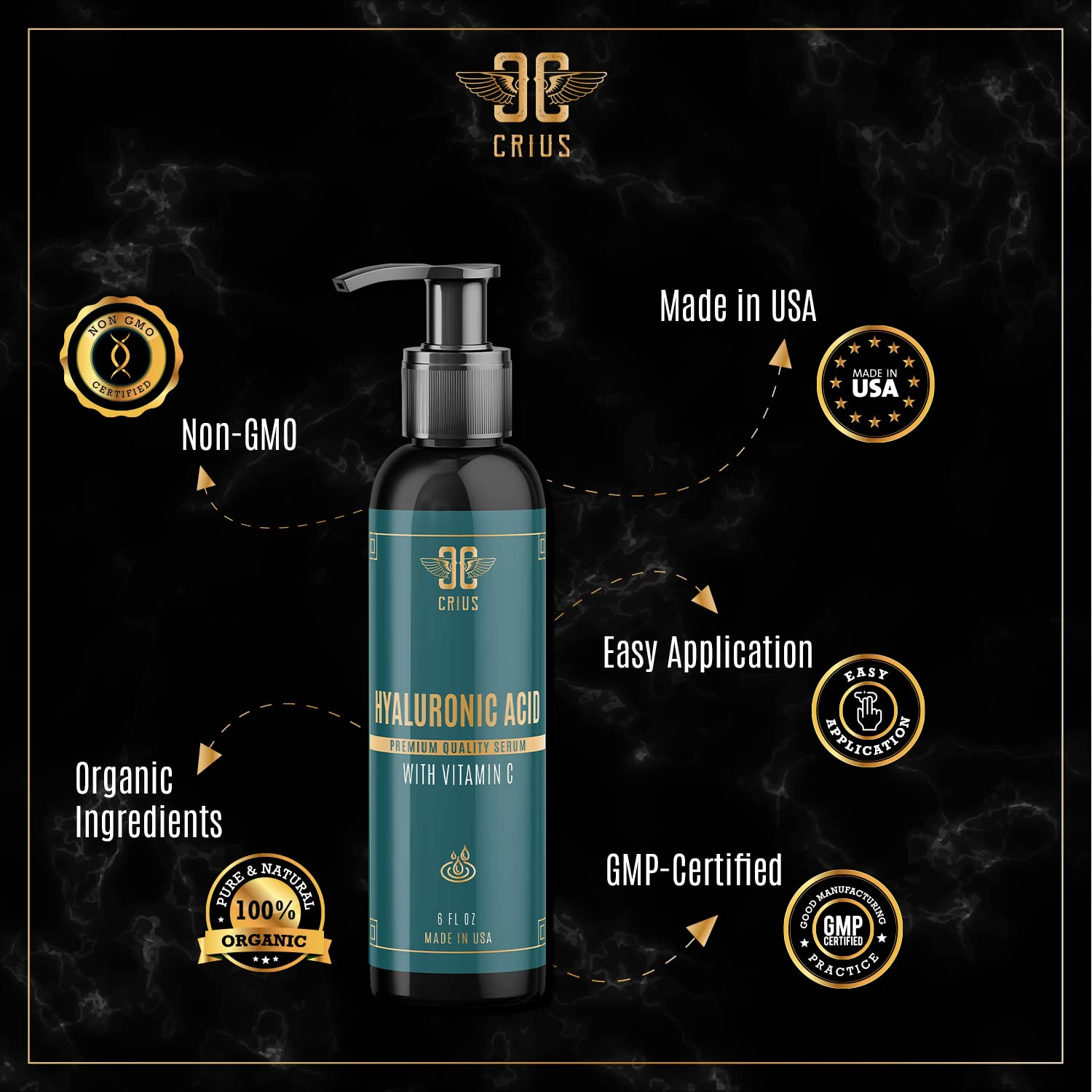 Crius Cosmetics Hyaluronic Acid Serum with Vitamin C & E - Brightening & Pigment Correcting Facial Treatment (6 Oz) - Perfect for Dry Skin & Anti-Aging Daily Skincare Routine