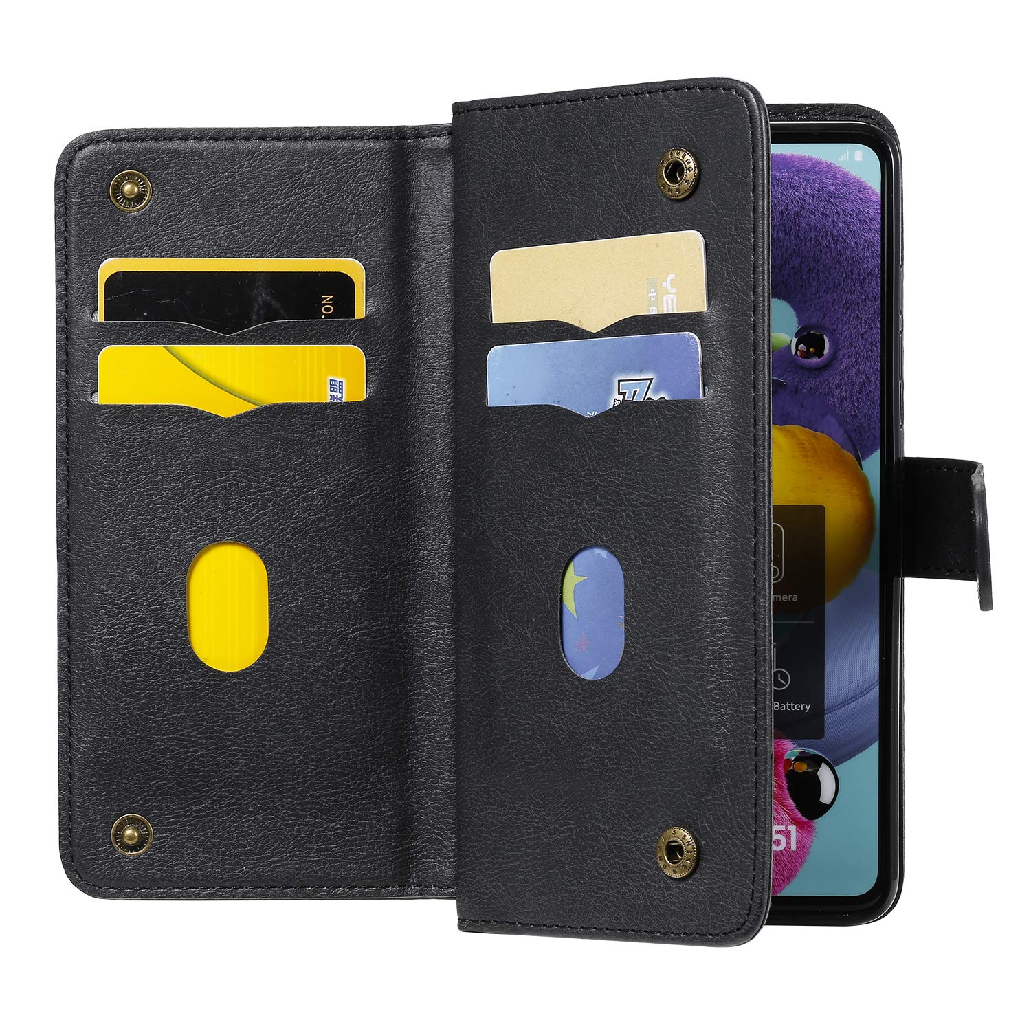Samsung Galaxy A51 4G Wallet Case with Card Holder & Tempered Glass Screen Protector - Flip Cover Folio Phone Case for Galaxy A51/A515F/M40S (Black) - Perfect for Daily Use, Travel & Business Meetings