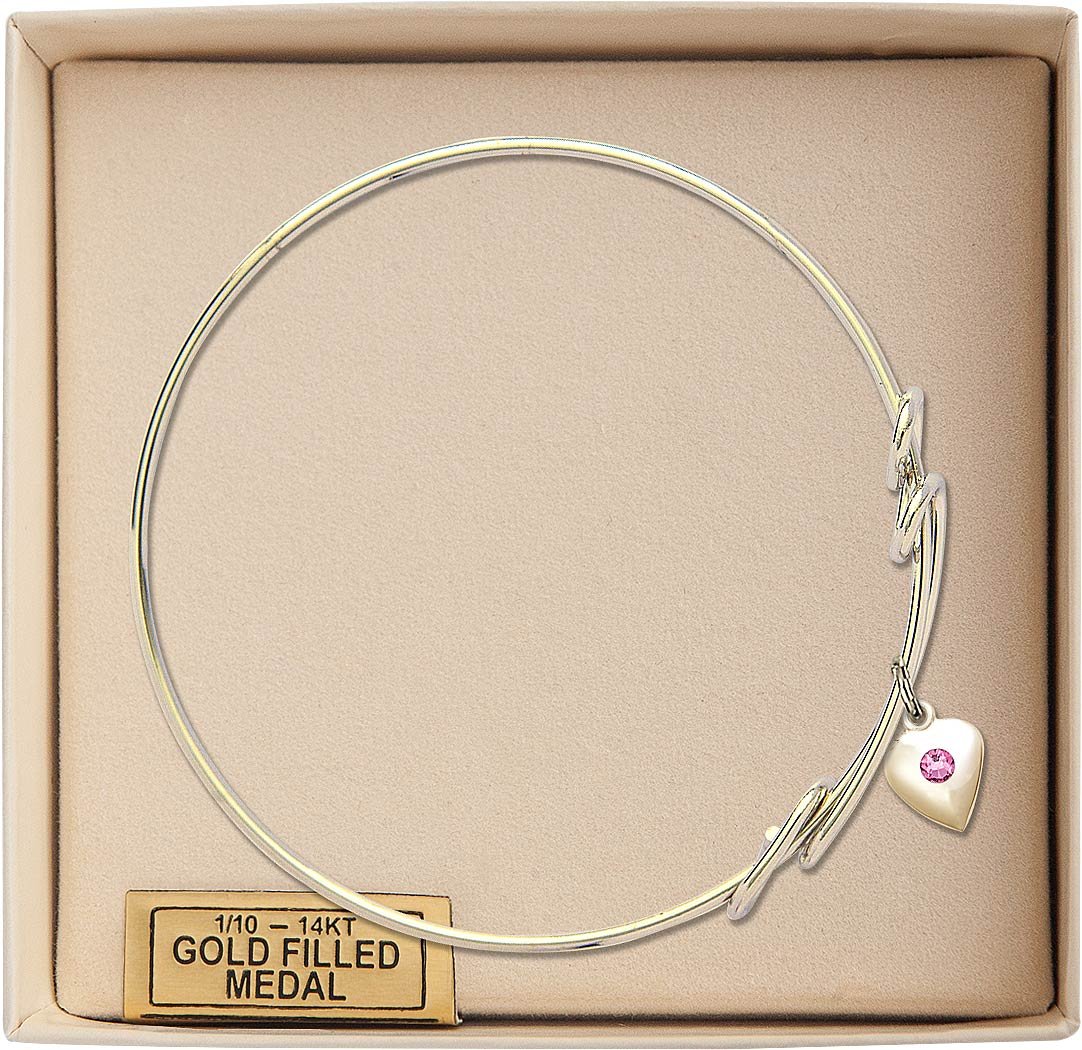 8 1/2 Inch Round Double Loop Bangle Bracelet with Heart Charm & Rose Crystal - Elegant Jewelry for Women, Perfect for Valentine's Day, Anniversary, Wedding, or Everyday Wear