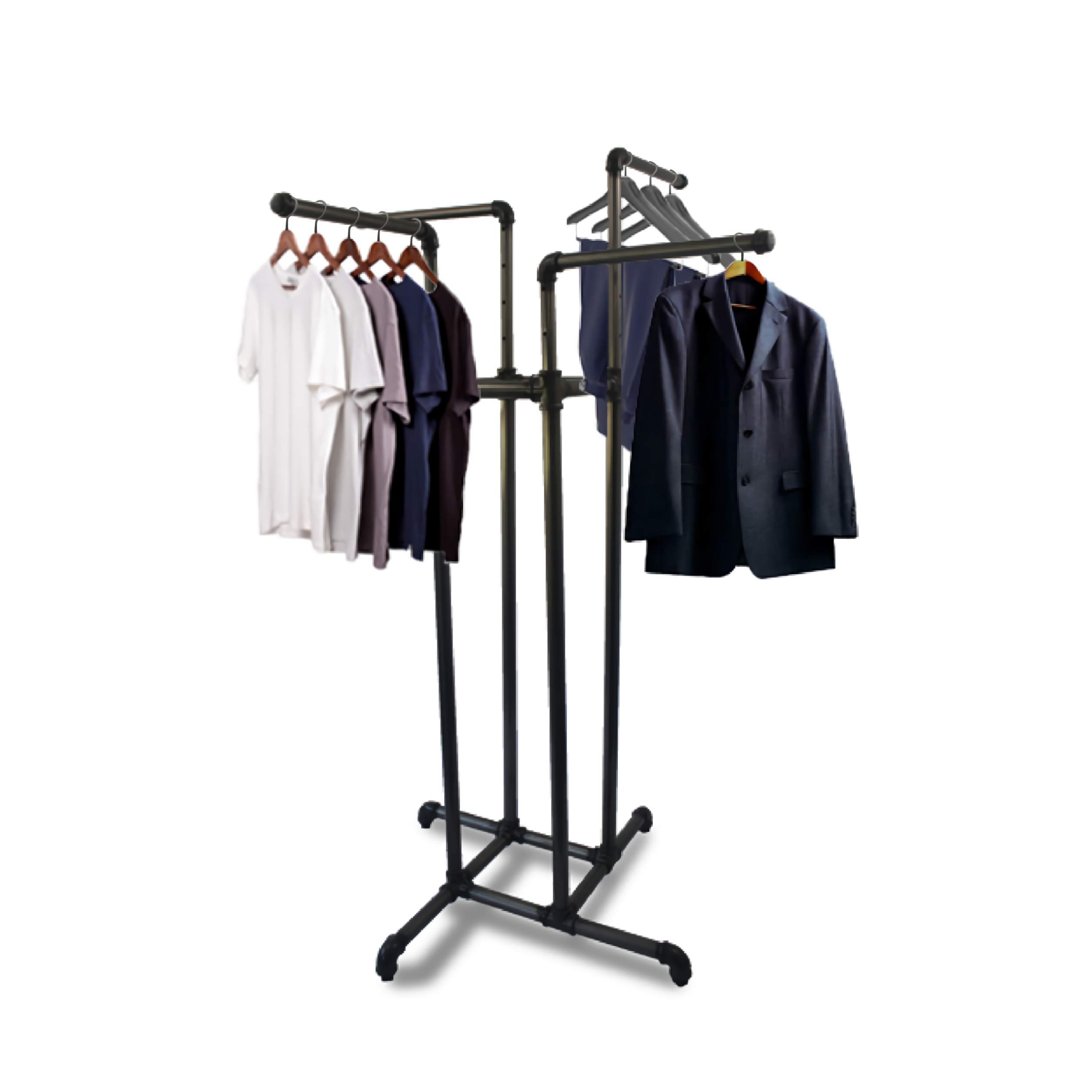 HK FIXTURES Adjustable 4-Way Industrial Pipe Garment Rack - Heavy Duty Clothing Display for Retail Stores, Boutiques & Commercial Use | Perfect for Shop Displays, Warehouse Organization & Fashion Showrooms