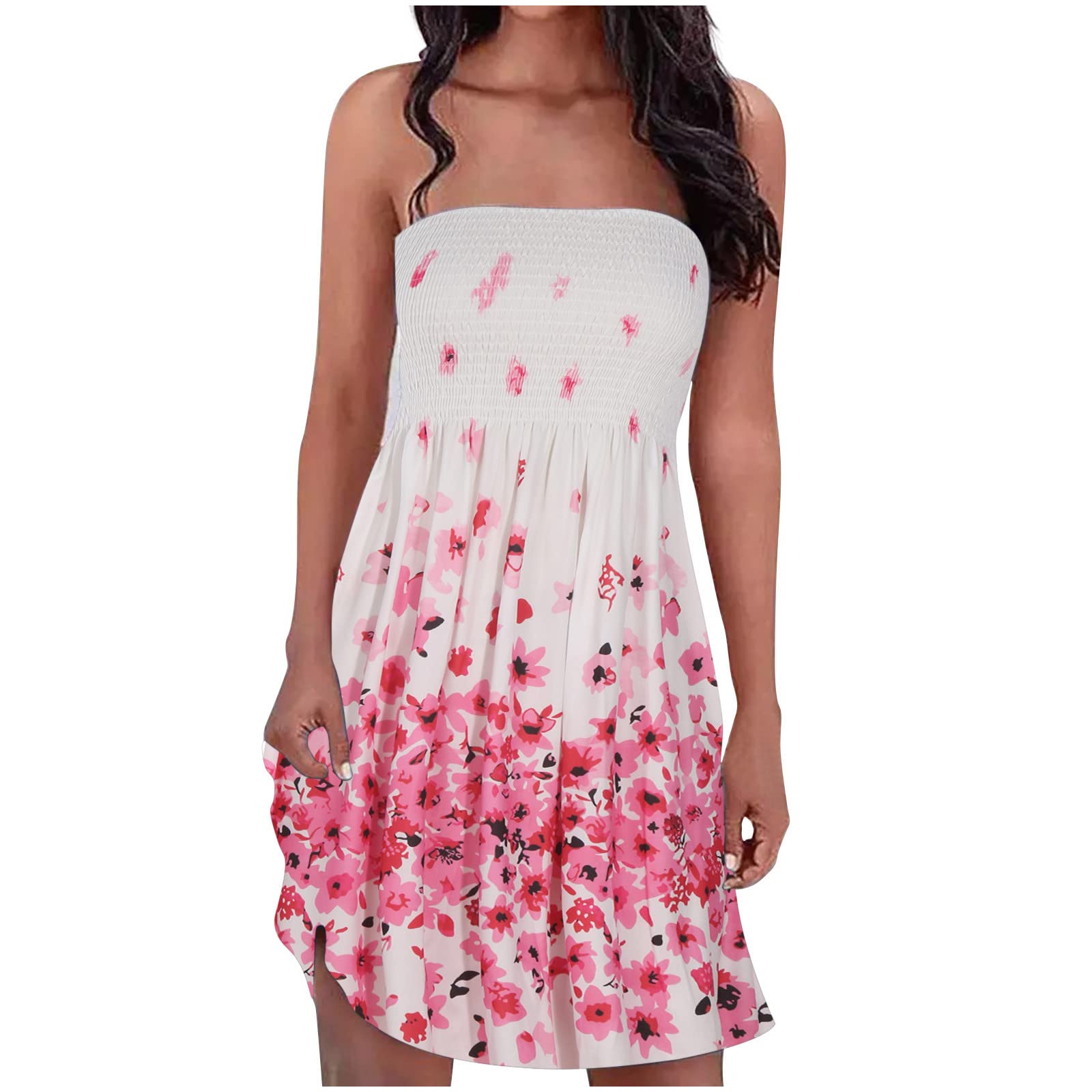 ZILANYGREQ Women's Bohemian Floral Print Pleated Swing Dress - Short Sleeve Summer Dress for Beach Vacation, Music Festival & Casual Outings