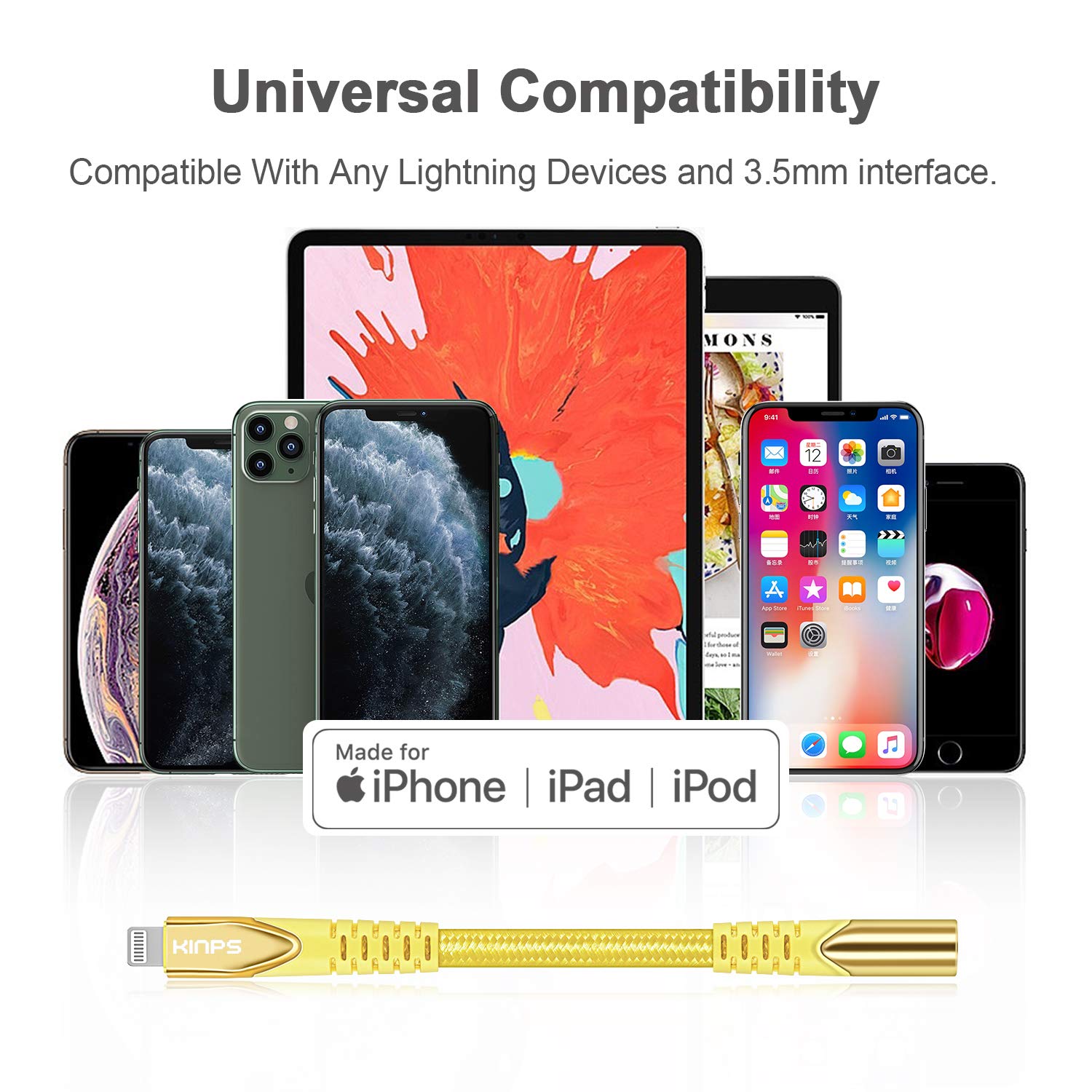 KINPS MFI Certified Lightning to 3.5mm Headphone Jack Adapter for iPhone 12/11 Pro Max/11 Pro/11/XS Max/XS/XR/X/8 Plus & iPad - Yellow | Audio Connector for Music, Gaming & Hands-Free Calls