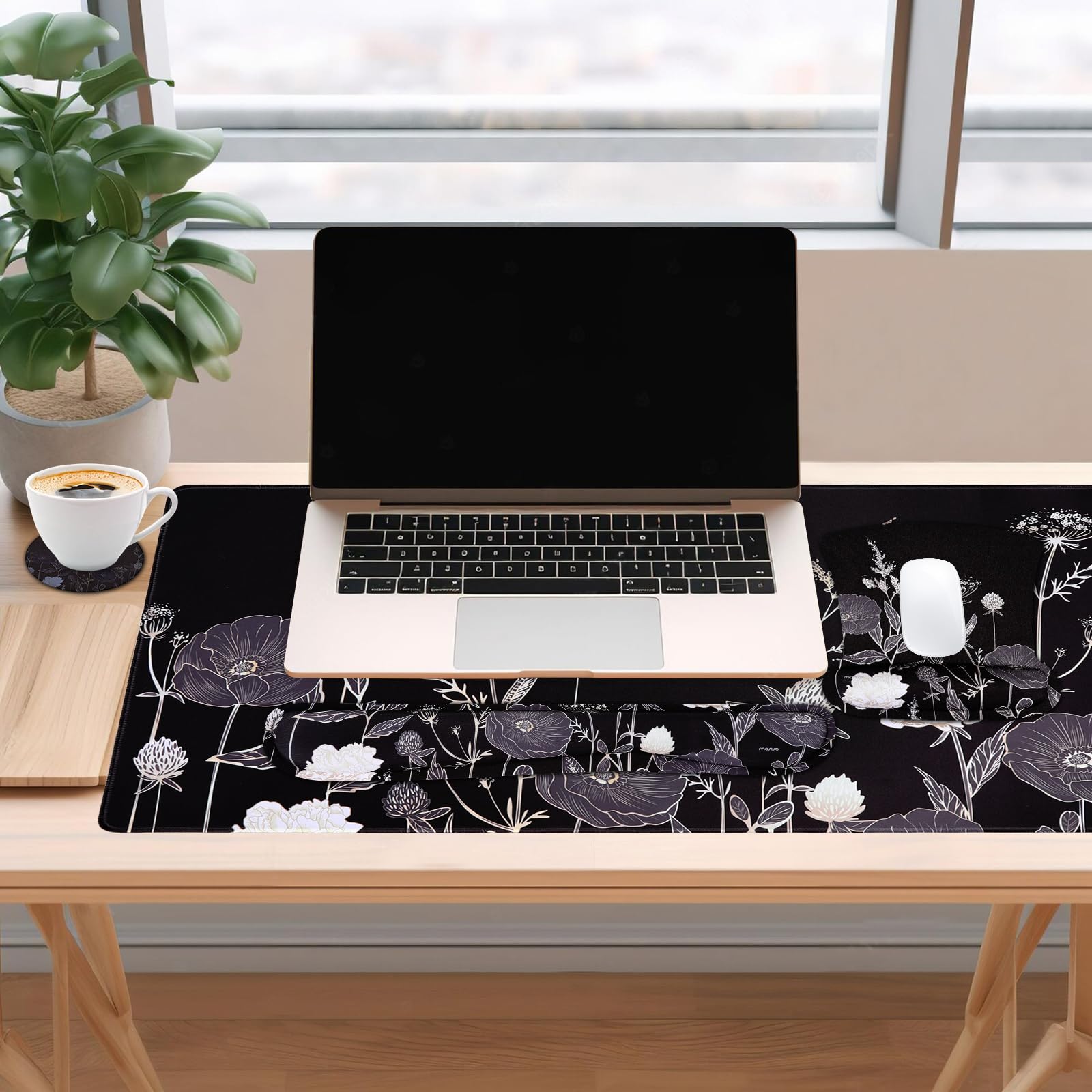 MOSISO Gaming Mouse Pad Set with Wrist Rest - Non-Slip Floral Design for Home Office & PC Gaming