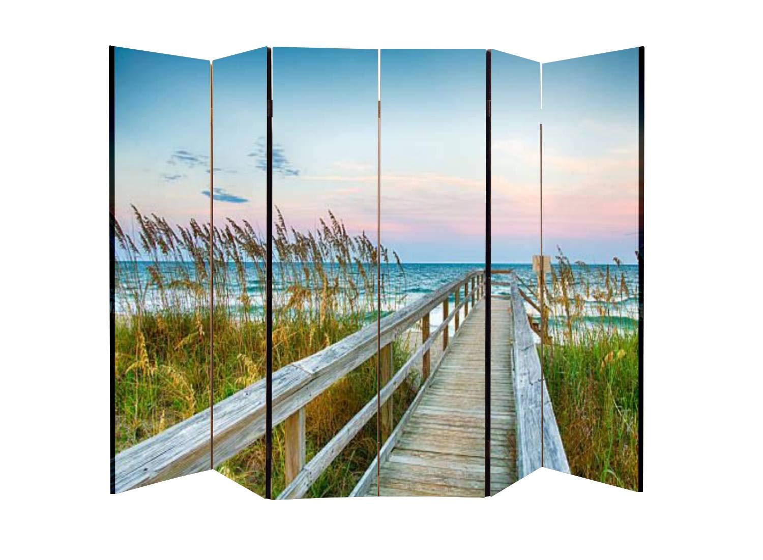 Wooden Screen Room Divider - Beach Boardwalk Design Folding Privacy Partition with Dual-Sided Canvas Panels (6 Panels) - Perfect for Home Office, Bedroom Separation & Indoor Display Shelves