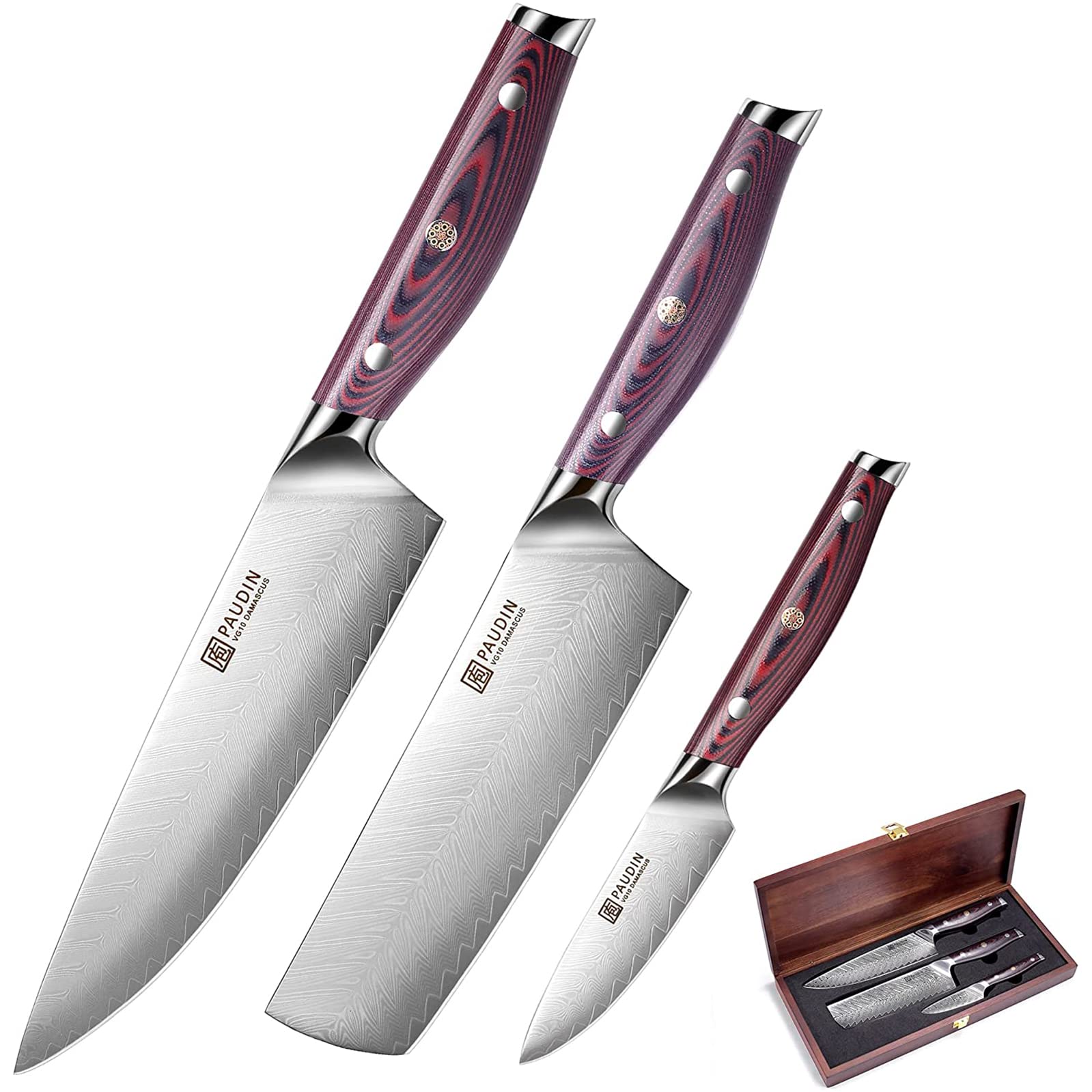 Premium PAUDIN 3-Piece Damascus Knife Set - Razor Sharp 67-Layer Forged Kitchen Knives with Full Tang & Ergonomic G10 Handle - Perfect for Professional Chefs, Home Cooking, Meat Cutting and Vegetable Preparation