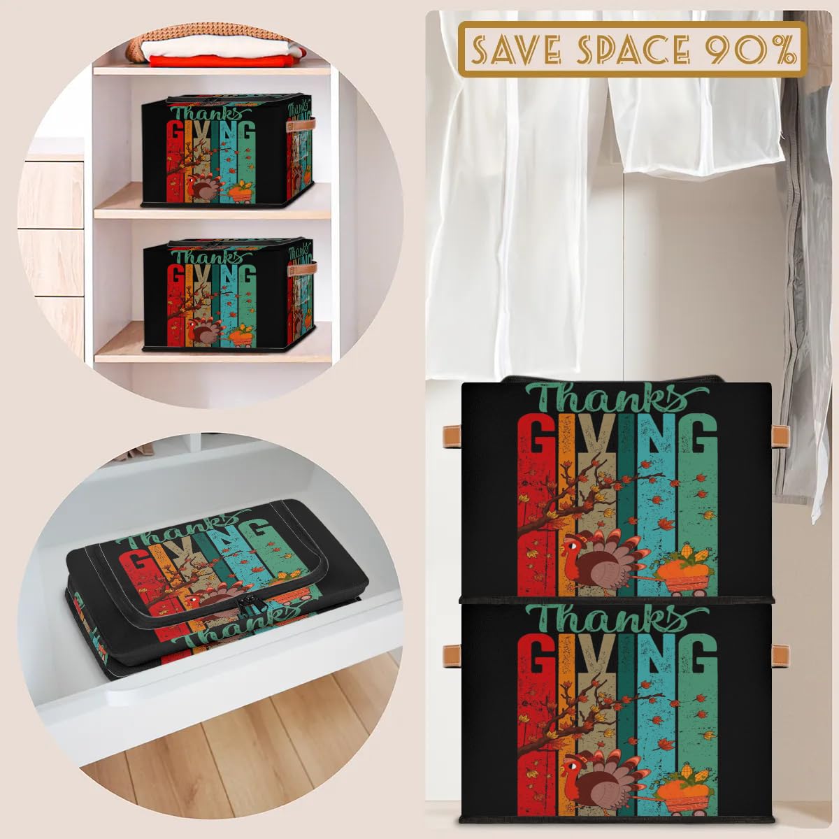 Foldable Fabric Storage Bins with Zipper Lid - Collapsible Storage Baskets for Clothes, Blankets & Toys - Thanksgiving Day Closet Organizer with Handles - Perfect for Home Organization, Seasonal Storage & Holiday Decor