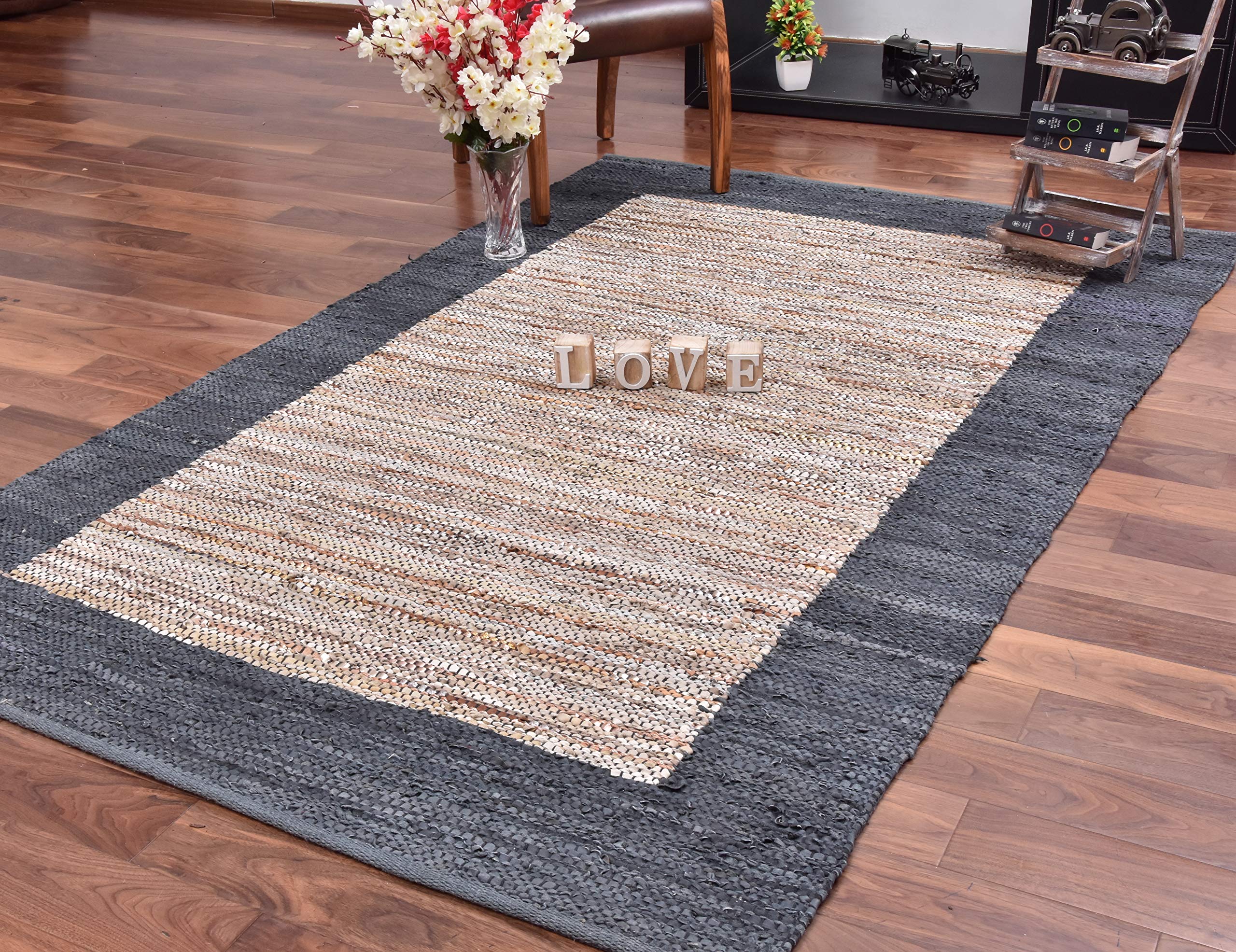 Premium 5x8 FT Flash Leather Beige Area Rug with Grey Border - Soft & Durable for Living Room, Bedroom, or Office Decor