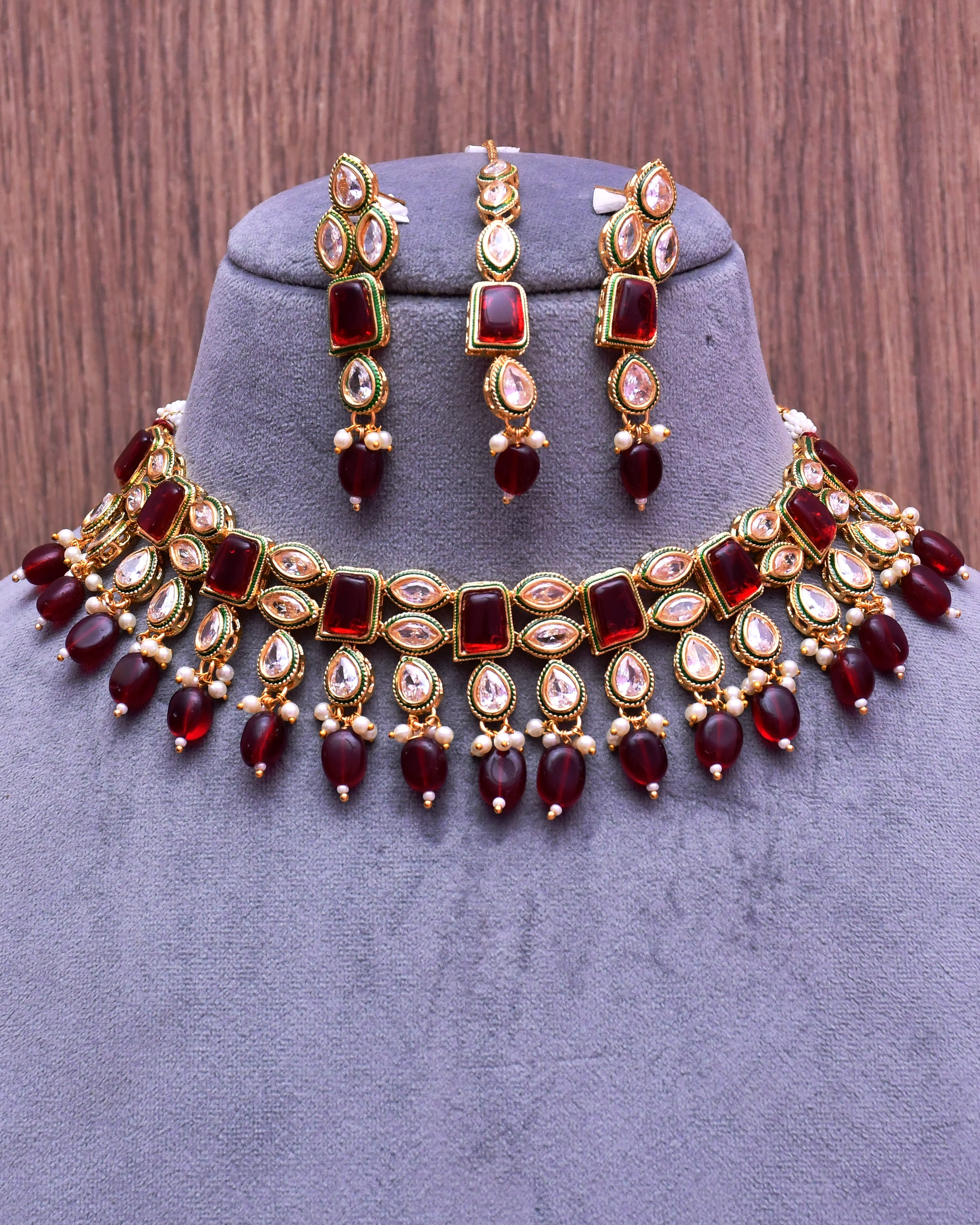 Luxury Gold Plated Royal Kundan Ruby Necklace & Earrings Set (D635) - Perfect for Weddings, Parties & Special Occasions