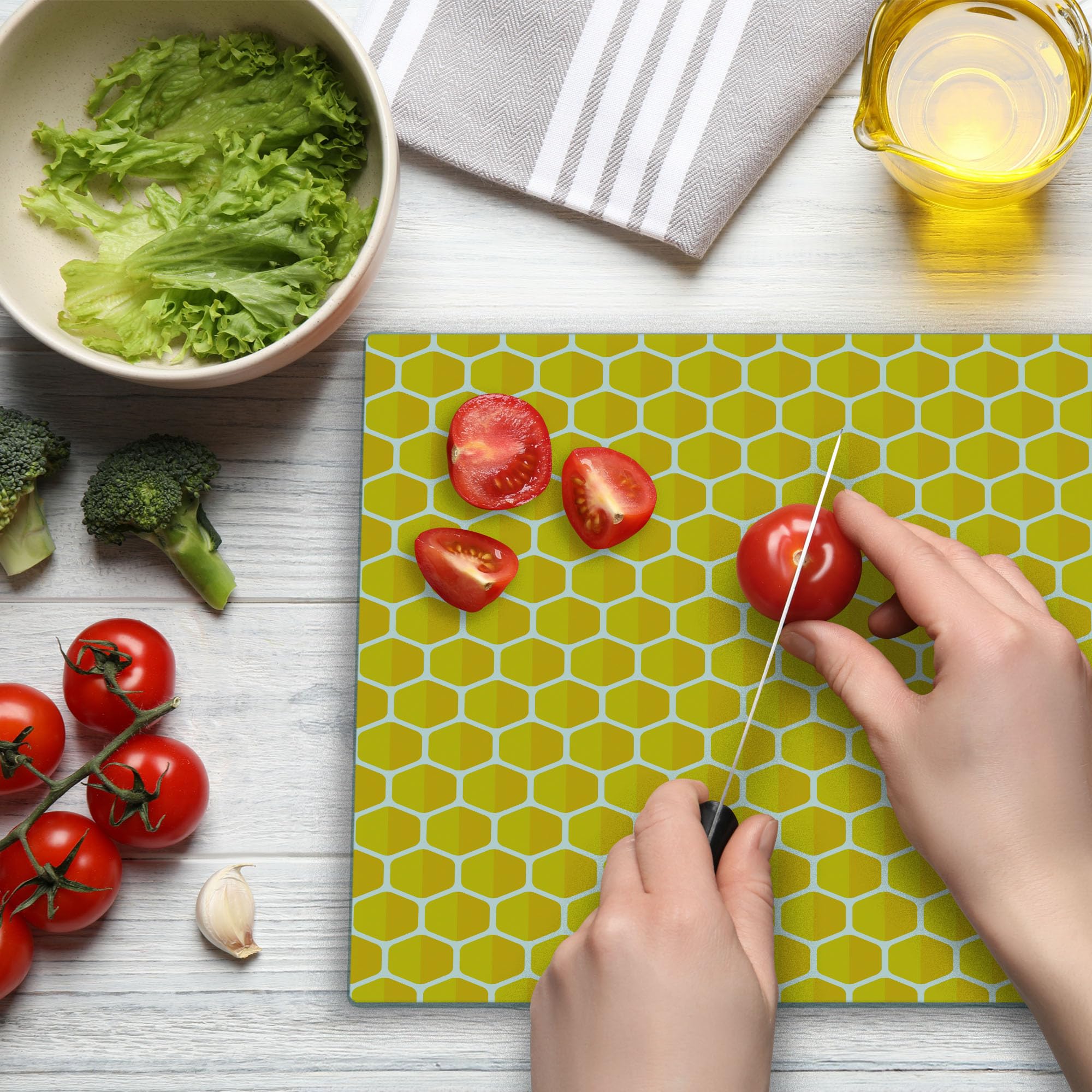 Ambesonne Bee Cutting Board - Honeycomb Glass Serving Board for Kitchen & Dining