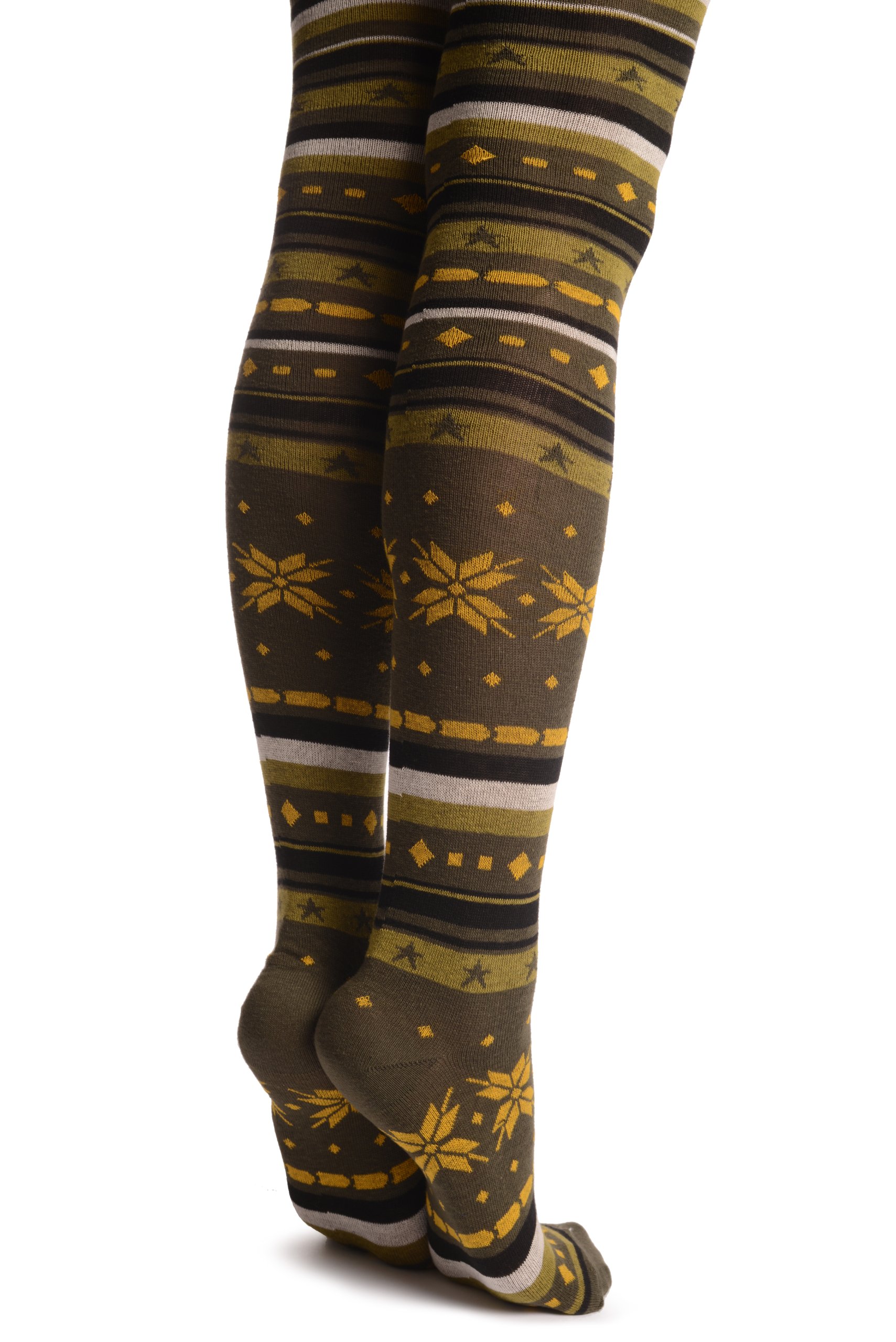 LissKiss Green White Yellow Fairisle Over The Knee Socks - Warm Winter Knit Socks for Women, Christmas Holiday Party, Cosplay & Cold Weather Fashion