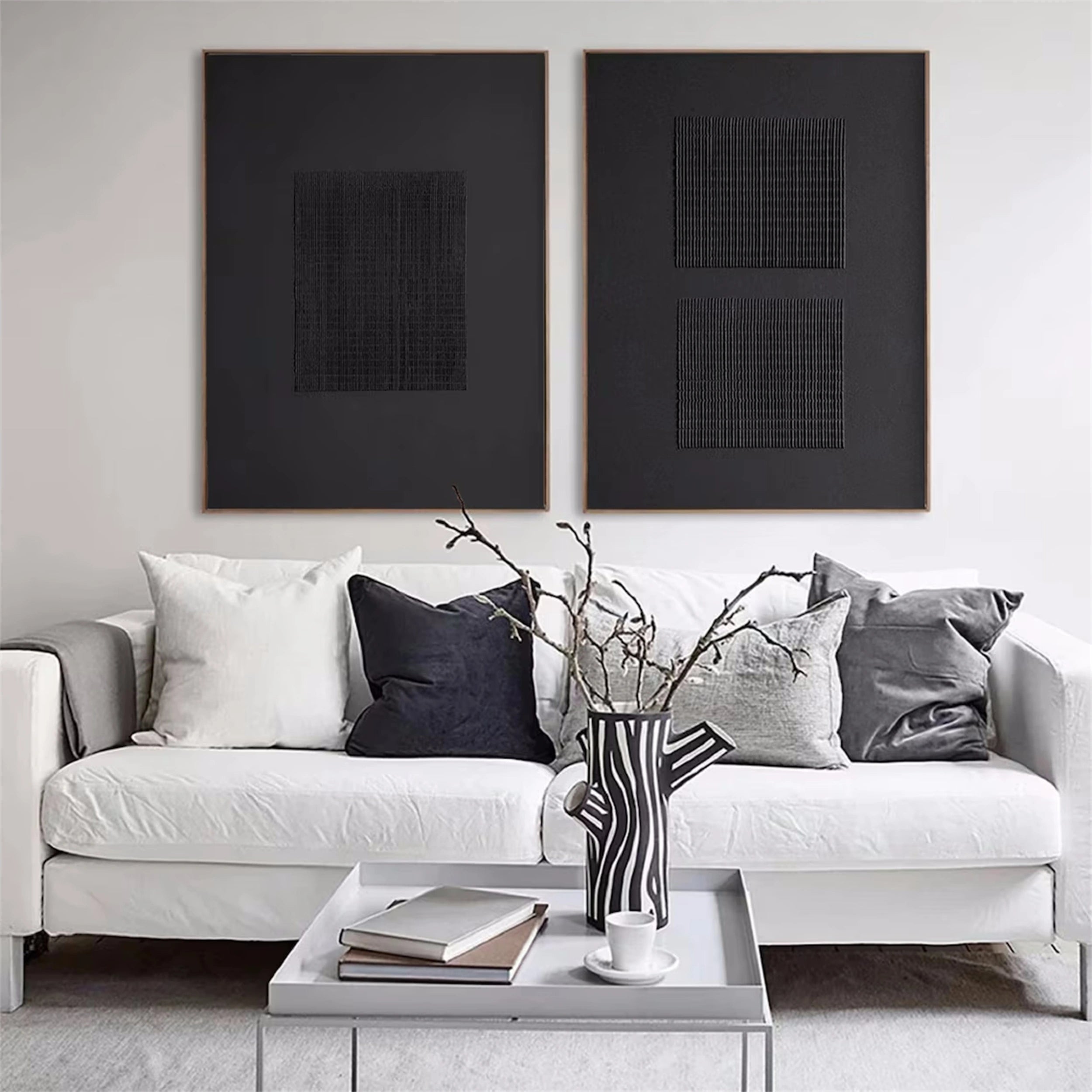 Black Minimalist Textured Paintings Canvas Set of 2 - Modern Abstract Wall Art for Living Room, Bedroom & Office Decor #MZ072