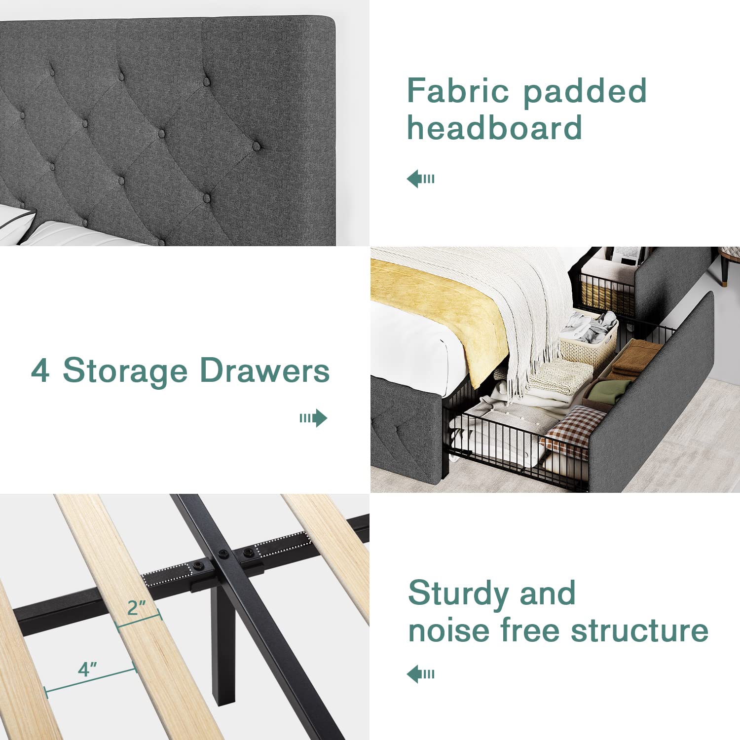 IMUsee Queen Bed Frame with Storage Drawers - Upholstered Platform Bed with Adjustable Diamond Tufted Headboard, Wood Slat Support, No Box Spring Needed, Dark Grey - Perfect for Small Bedrooms, Guest Rooms & Modern Apartments