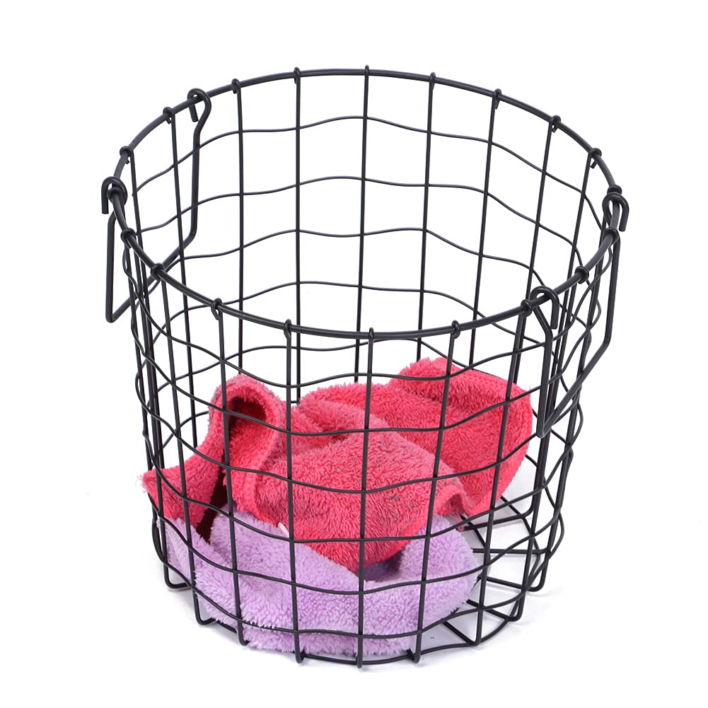 Heavy Duty Iron Wire Utility Storage Basket with Handle - Round Metal Mesh Laundry Hamper for Dirty Clothes, Household & Bathroom Organization (8.5x9.8x7.5 Inches) - Perfect for Bedroom Closet, Laundry Room & Bath Storage