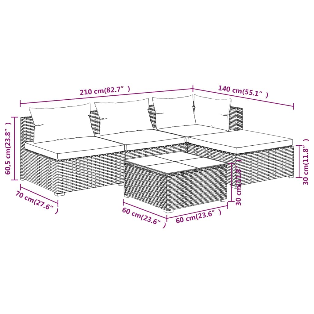 5-Piece Brown Poly Rattan Patio Lounge Set with Cushions - Outdoor Garden Sectional Sofa for Backyard, Poolside & Terrace Relaxation
