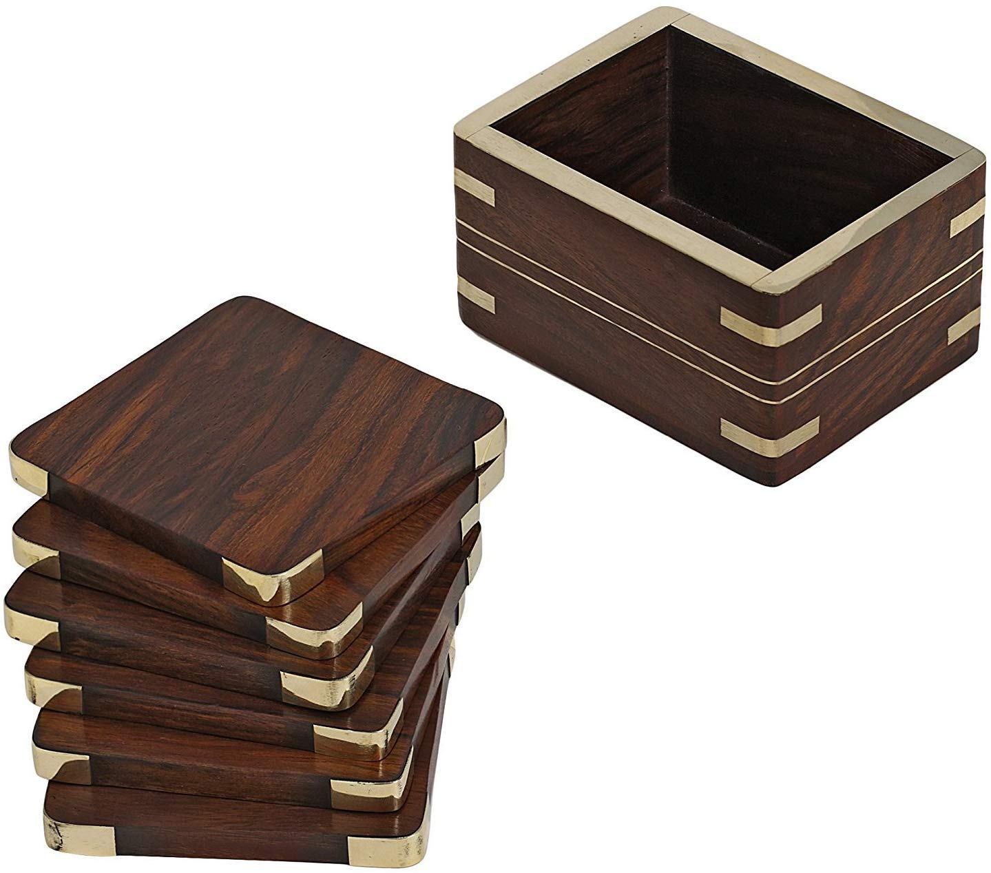 Premium Wooden Drink Coasters Set of 6 - Natural Wood Table Coasters for Coffee, Tea, Beer & Wine Glasses - Elegant Brass Trim Home Bar Accessories - Perfect for Dining Tables, Coffee Shops & Office Desks
