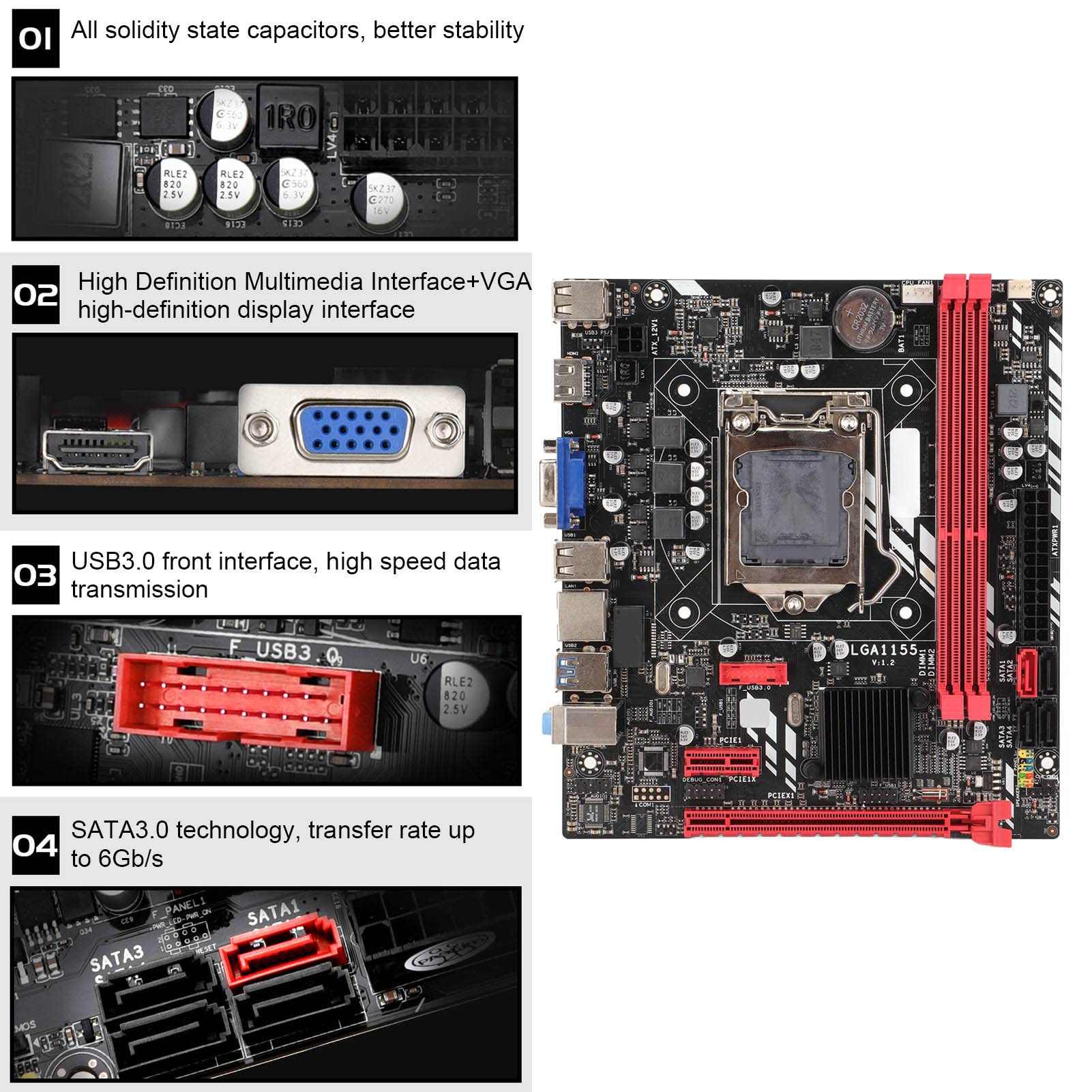 LGA 1155 Motherboard for Intel Core i3 i5 i7 - DDR3 RAM, VGA & HDMI Ports, 6Gb/s Transfer Speed - Perfect for Gaming PC Builds & Home Office Computers