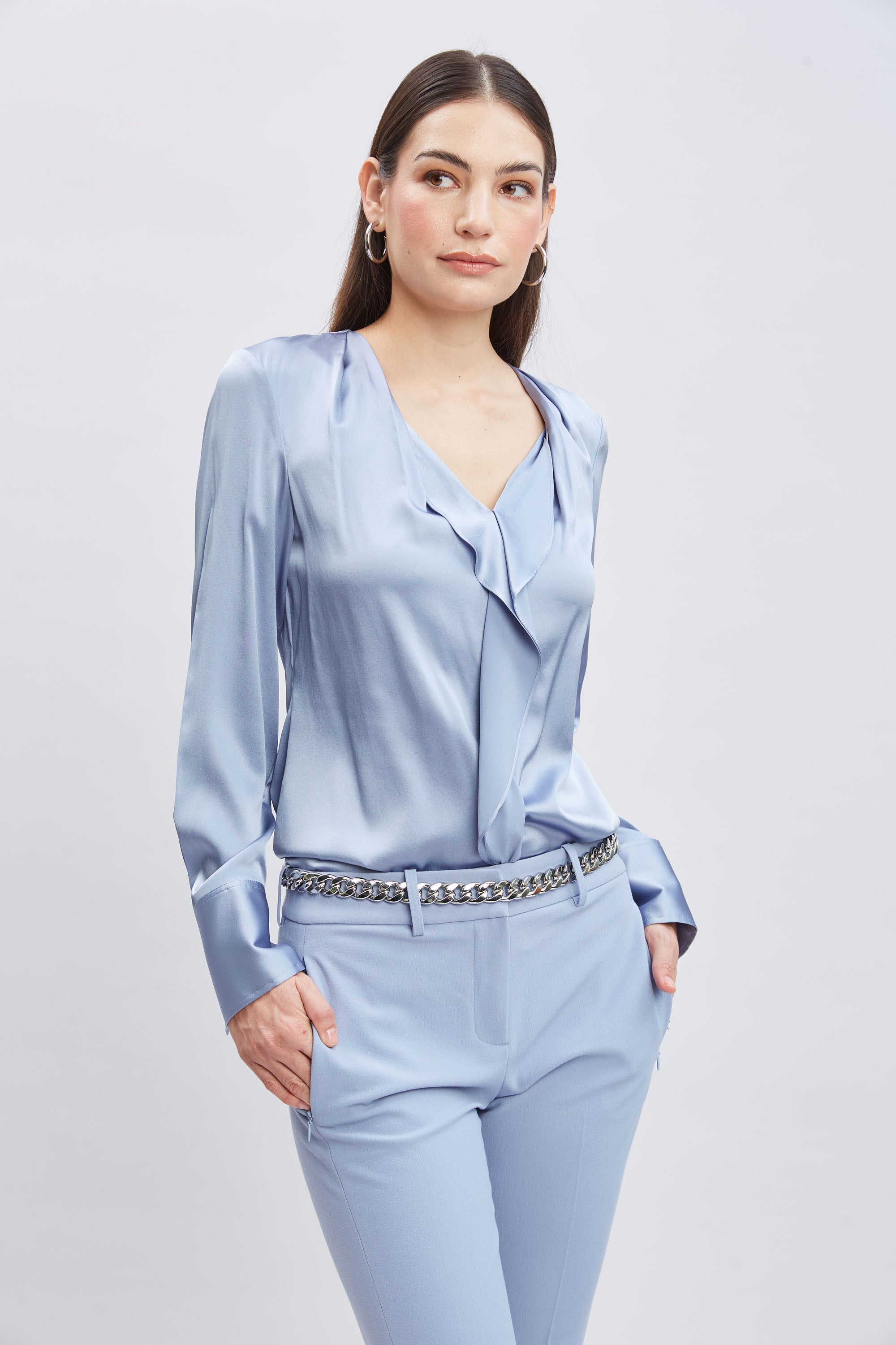 Silk Satin Contour Ruffle Blouse for Women - Elegant Feminine Top for Office, Date Night & Special Occasions