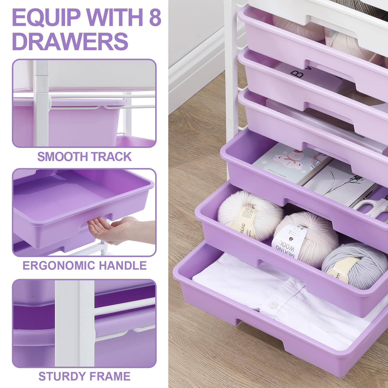 8-Drawer Rolling Storage Cart with Wooden Tabletop - Mobile Utility Cart for Living Room, Bedroom, Office, Classroom & Dorm Organization - Perfect for Craft Supplies, Bathroom Essentials & Home Storage (Purple)