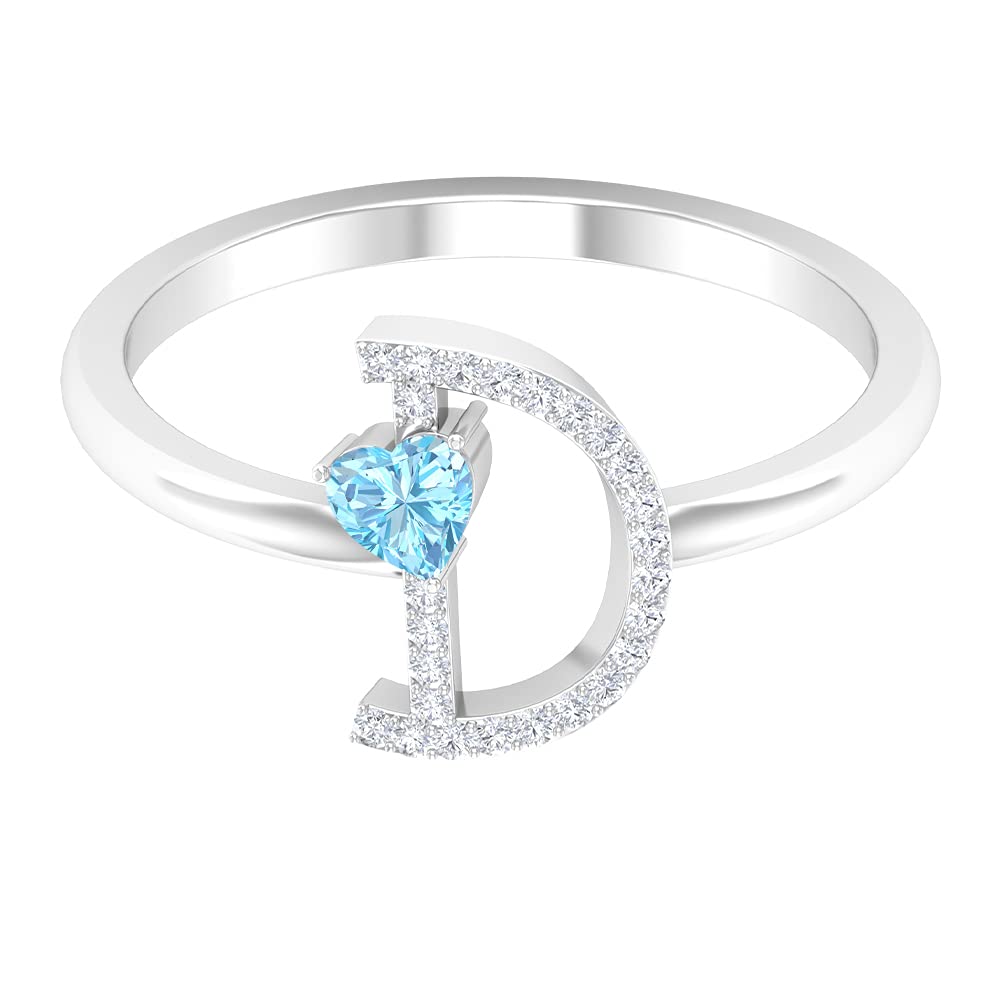 Aquamarine and Diamond Rings for Women | 14K White Gold A-Z Initial Alphabet Rings | Elegant Heart Design for Birthdays, Anniversaries & Gifts