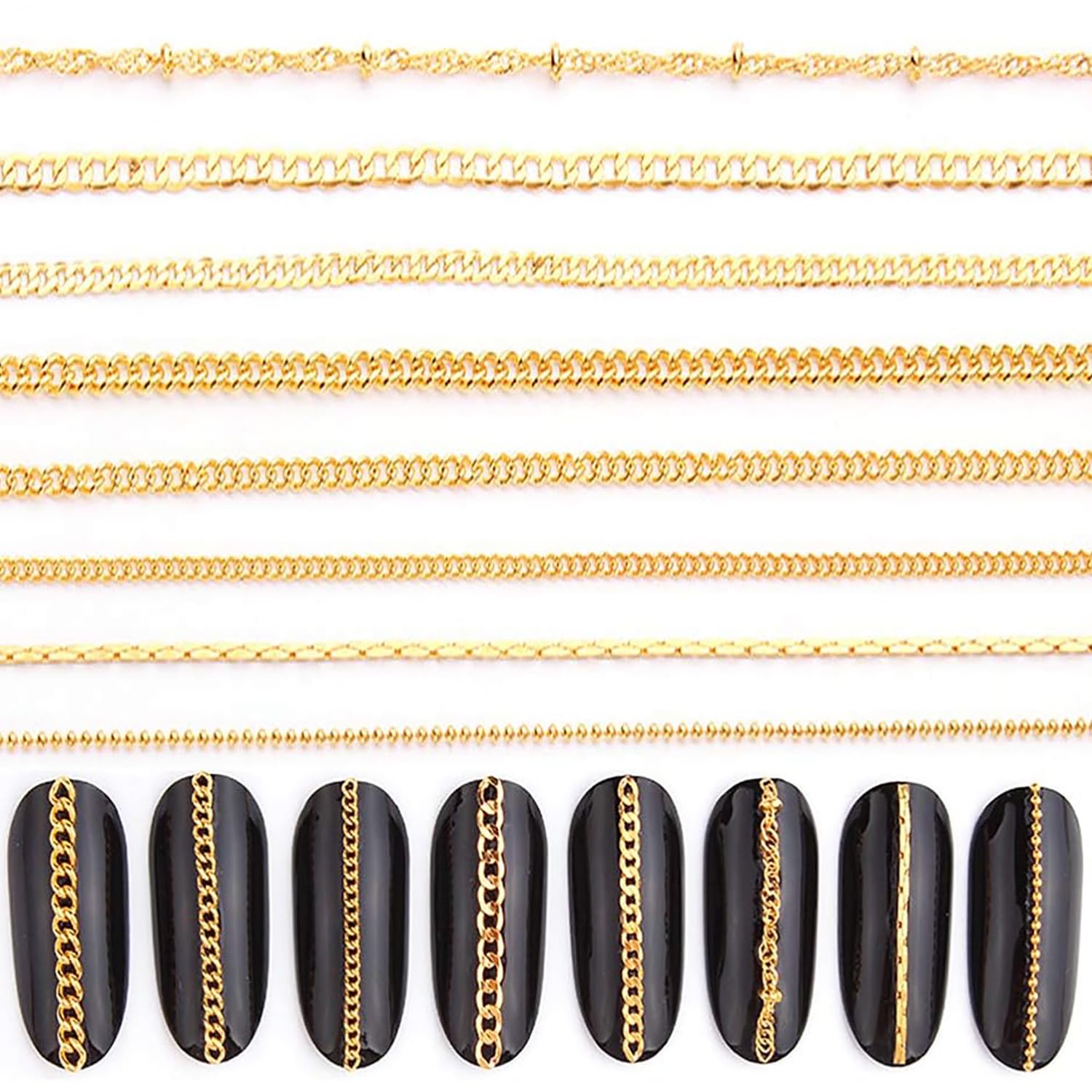 JERCLITY 8-Pack 19.7 Inch Gold Nail Art Chains - 3D Metallic Nail Charms, Punk Nail Studs & Jewelry Accessories for Women | Perfect for DIY Nail Art, Halloween, Cosplay & Party Looks