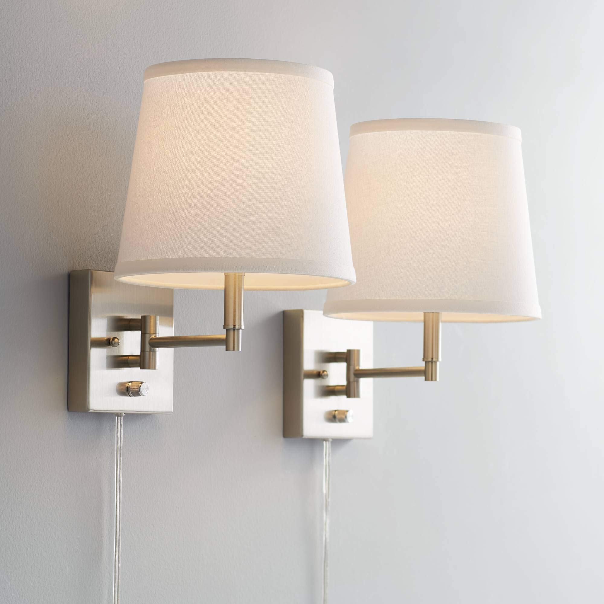 Modern Swing Arm Wall Lamps Set of 2 - Brushed Nickel Plug-in Dimmable Light Fixture with White Empire Shade for Bedroom, Living Room, Hallway - Perfect for Reading, Bedside Lighting & Home Decor | 360 Lighting