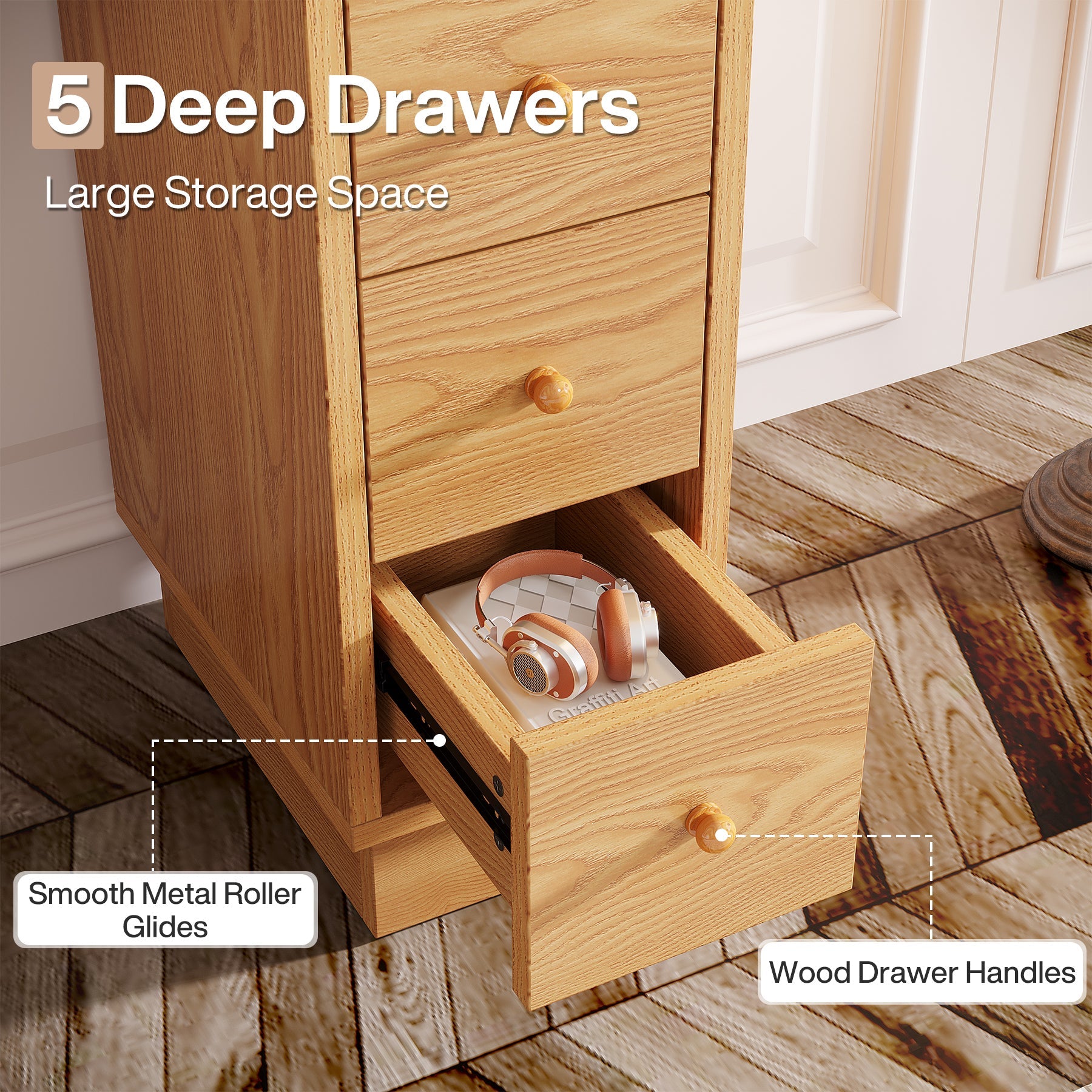 5 Drawer Wooden Chest - Narrow Dresser with Storage Drawers for Bedroom, Living Room & Office Organization