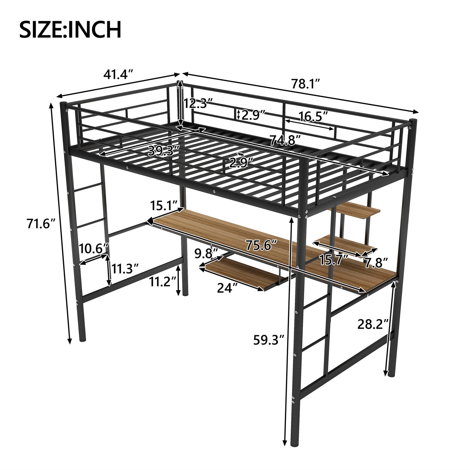 Metal Loft Bed with Desk & Bookcase - Twin Size Space-Saving Bunk Bed for Dorm Rooms, Teens & Kids - Includes 2 Ladders & Keyboard Tray (Black) - Perfect for Small Apartments, College Dorms & Kids' Bedrooms