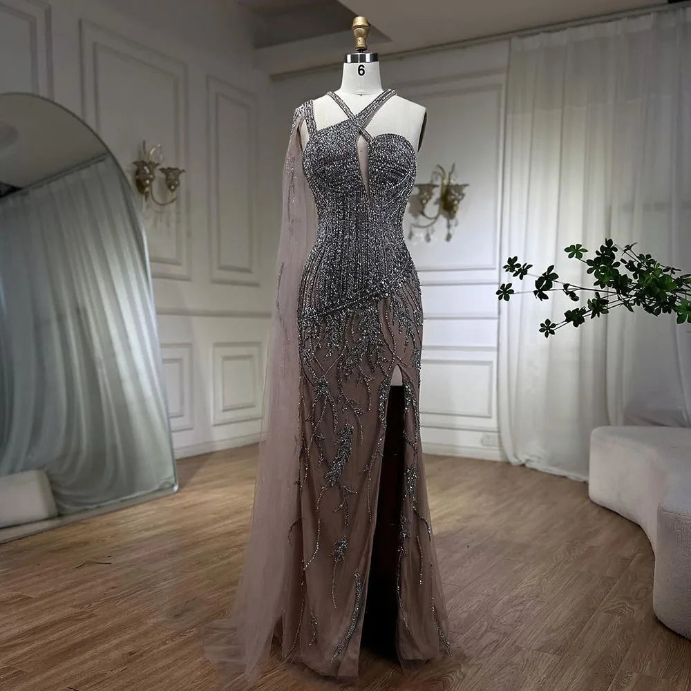 Elegant Gray Nude One Shoulder Cape Sleeves Mermaid Evening Gown with High Slit & Beading - Women's Formal Party Dress LA72368 | Perfect for Prom, Gala, Wedding & Special Occasions