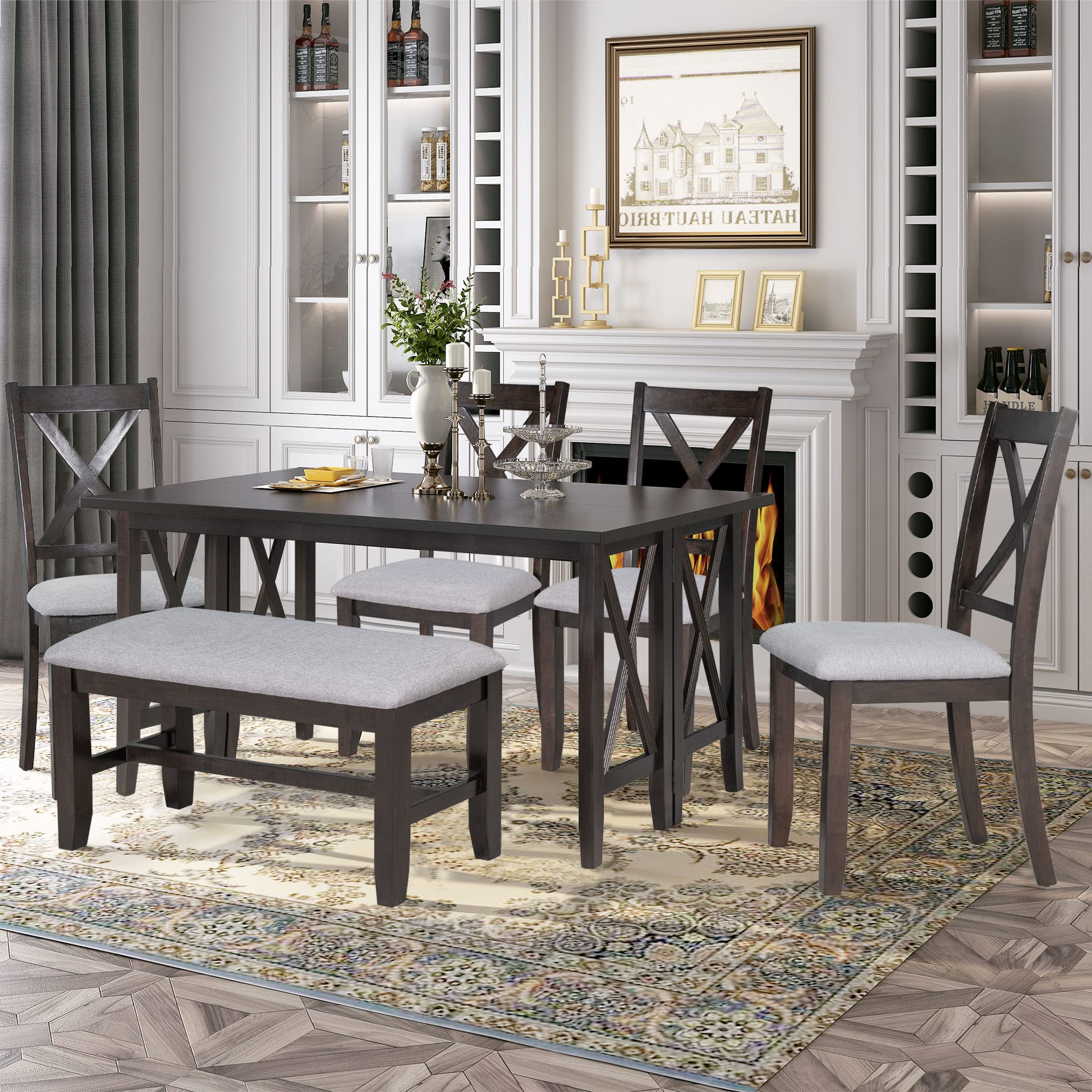 Merax 6-Piece Foldable Solid Wood Dining Set with 4 X-Back Upholstered Chairs and Bench, Espresso Finish for Kitchen, Dining Room, and Small Spaces