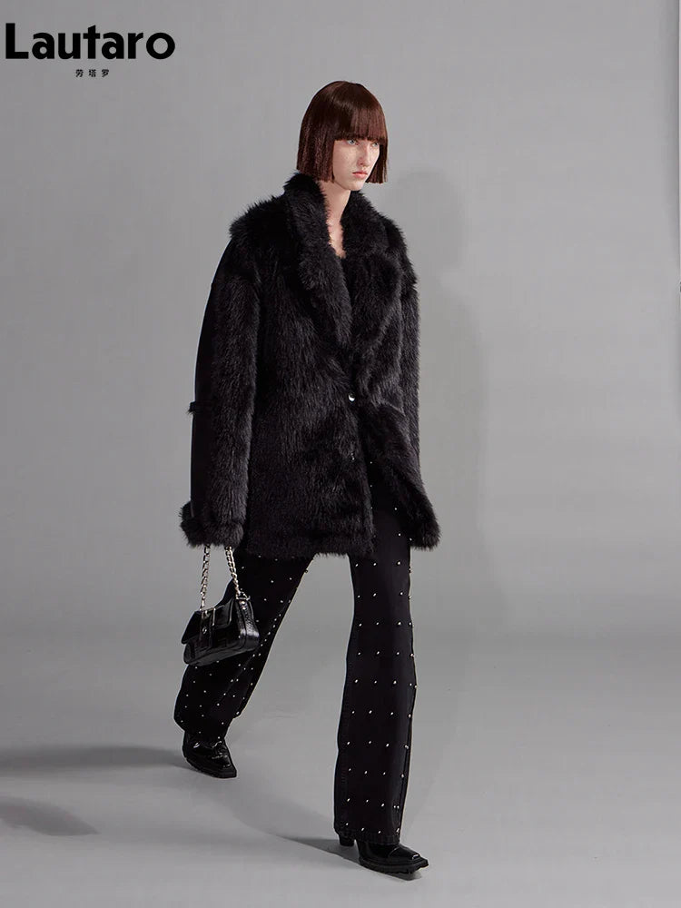 Luxury Women's Faux Sheepskin Coat - Soft Fluffy Jacket for Winter, Warm Thick Black Outerwear, Loose Fit Designer Coat | Perfect for Cold Weather, Casual Outings & Stylish Layering