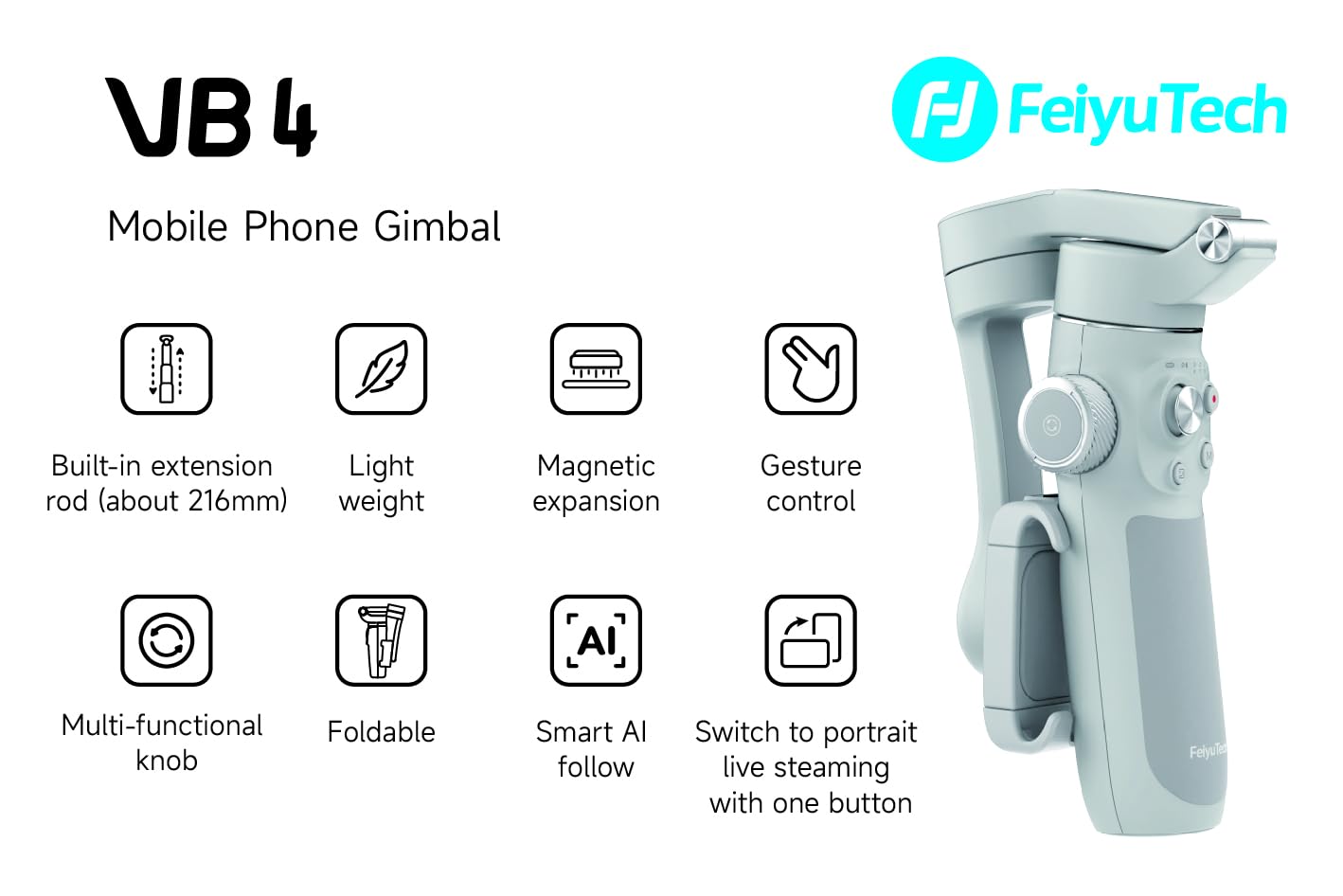 FeiyuTech VB4 Smartphone Gimbal Stabilizer for iPhone 14/13/12/11 Pro Max & Android - 3-Axis Handheld Stabilizer with 216mm Extension Rod for Vlogging, Video Recording | Portable Foldable Design for Travel & Content Creation