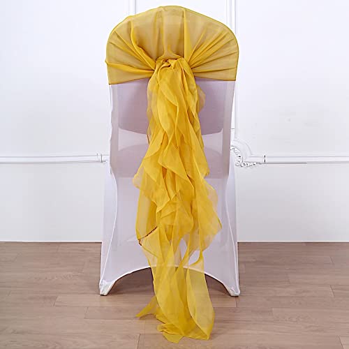 50 Mustard Yellow Premium Curly Chiffon Chair Covers with Sashes - Elegant Wedding, Party & Reception Decorations - Perfect for Banquet Halls, Church Ceremonies & Outdoor Events